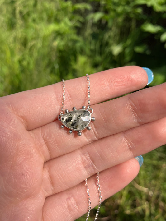 Freeform Tourmalinated Quartz and Recycled Sterling Silver Granulation Pendant Necklace