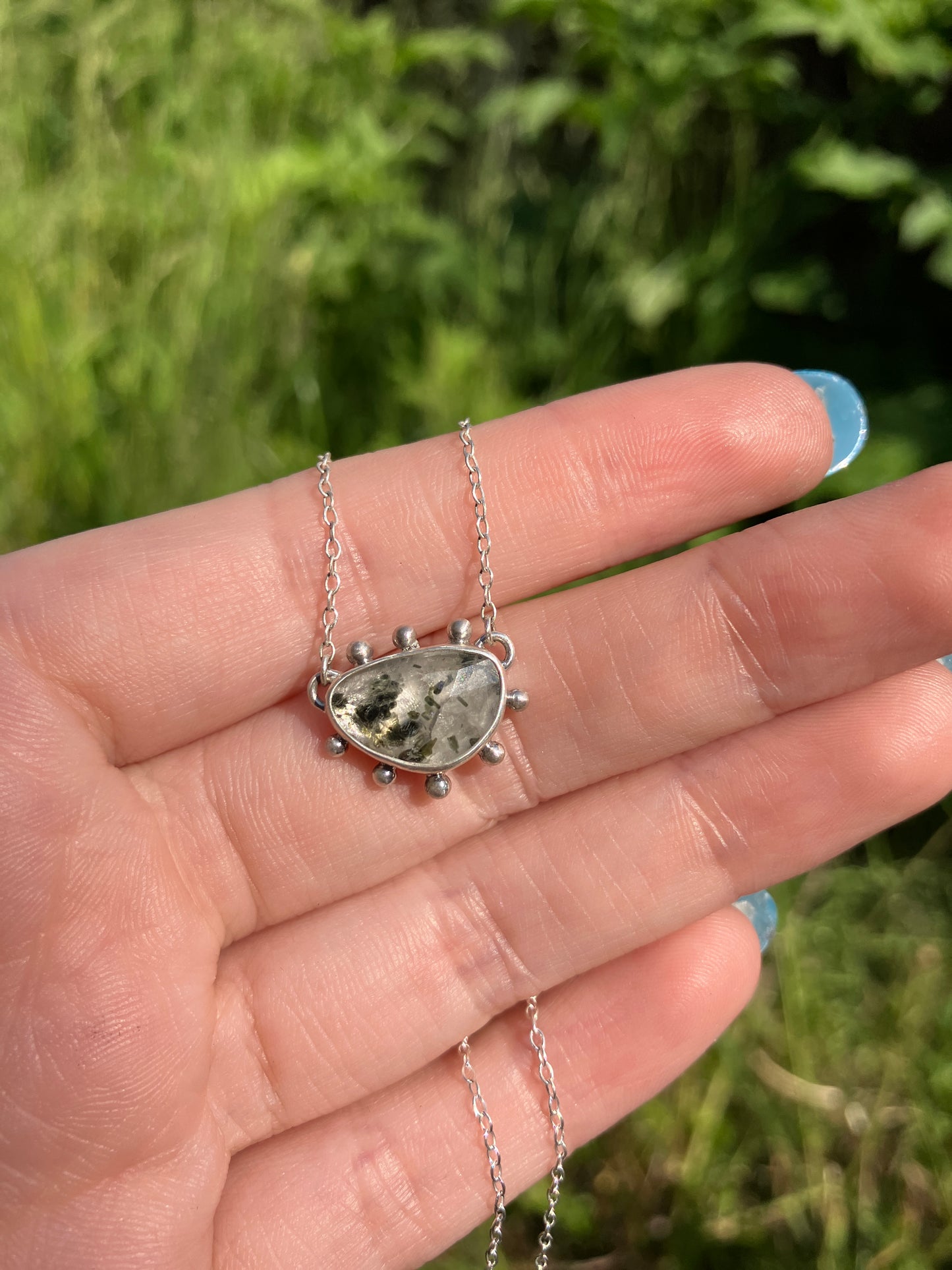 Freeform Tourmalinated Quartz and Recycled Sterling Silver Granulation Pendant Necklace
