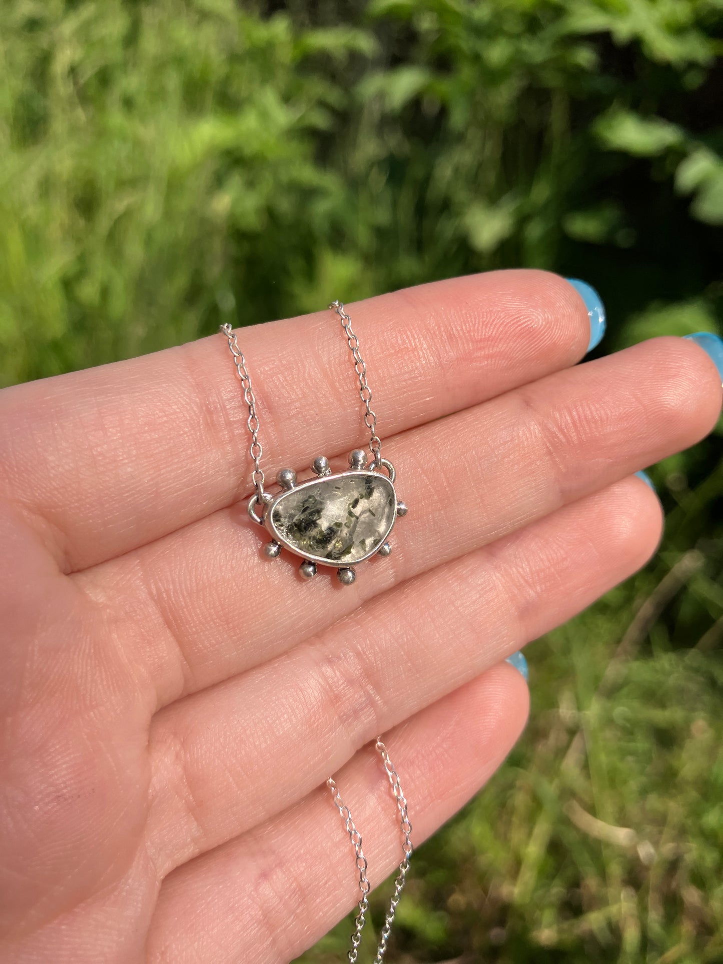 Freeform Tourmalinated Quartz and Recycled Sterling Silver Granulation Pendant Necklace