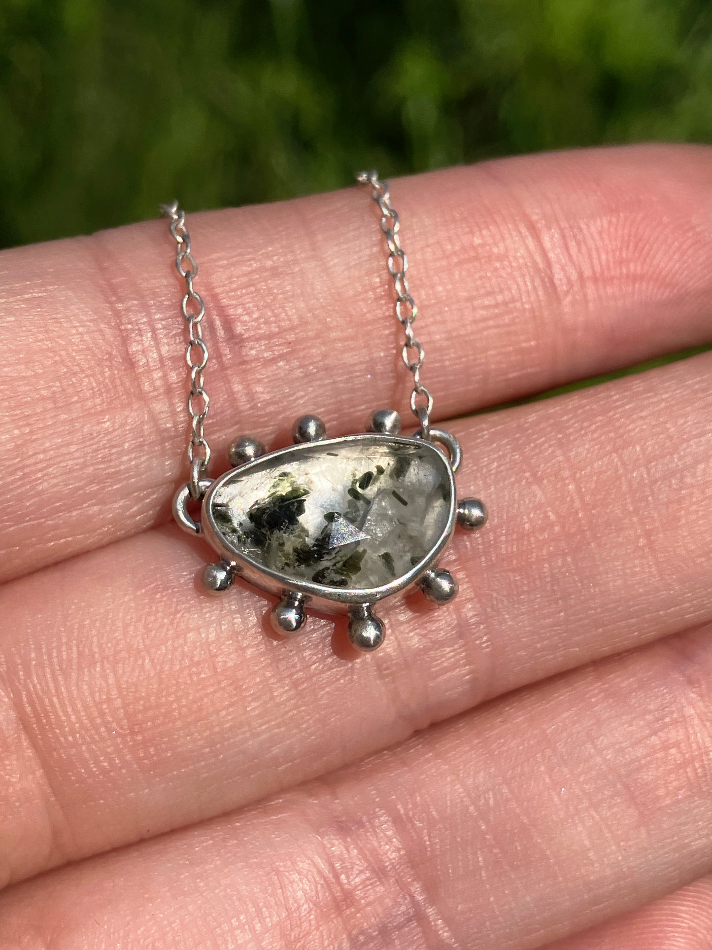 Freeform Tourmalinated Quartz and Recycled Sterling Silver Granulation Pendant Necklace