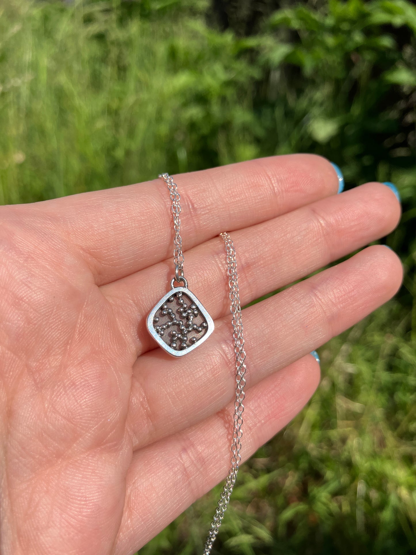 Grey Moonstone and Sterling Silver Granulation Backed Pendant Necklace