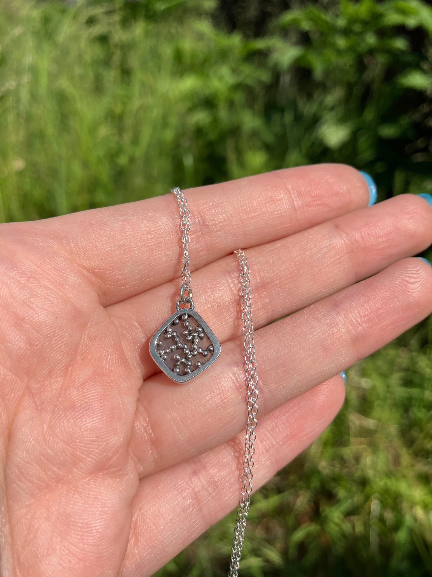 Grey Moonstone and Sterling Silver Granulation Backed Pendant Necklace