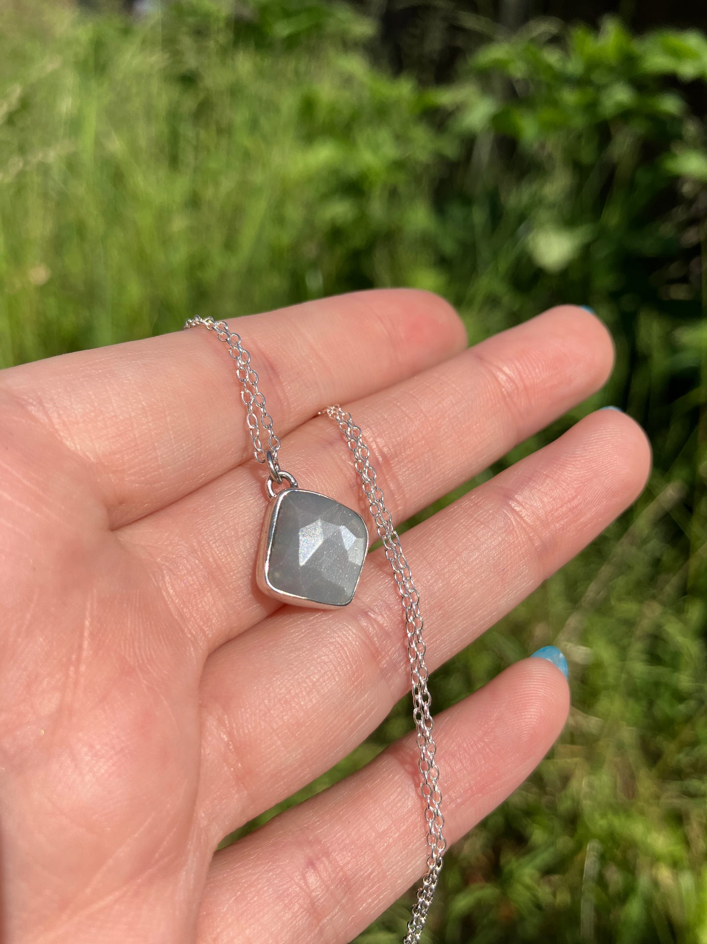 Grey Moonstone and Sterling Silver Granulation Backed Pendant Necklace