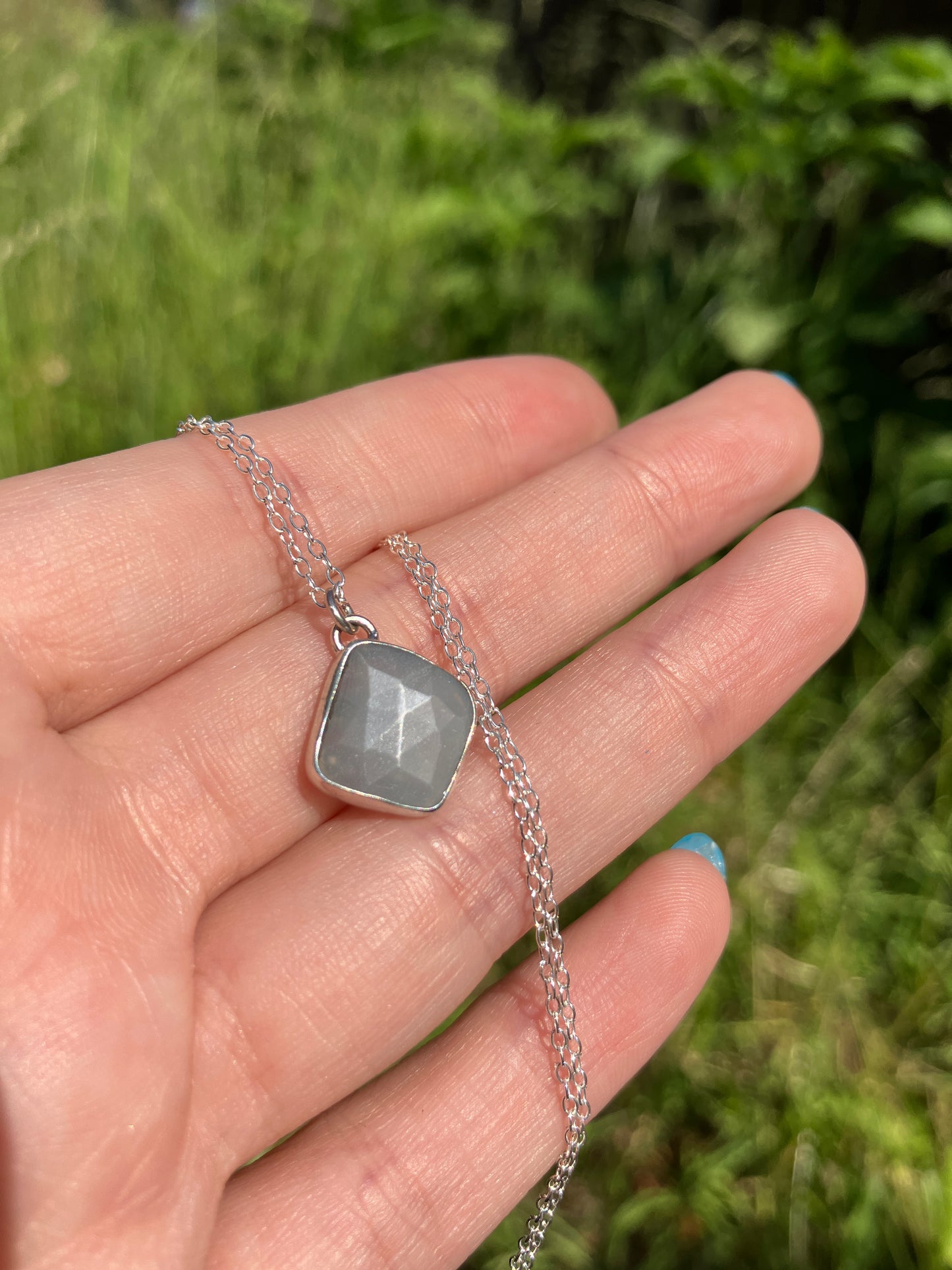 Grey Moonstone and Sterling Silver Granulation Backed Pendant Necklace