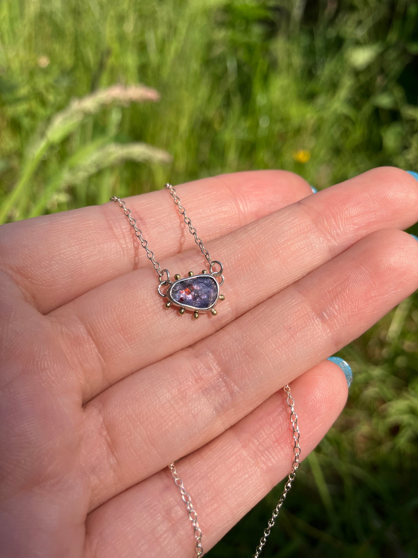 Iolite, 18ct Gold and Sterling Silver Pendant Necklace with Granulation Detail on Sterling Silver Chain