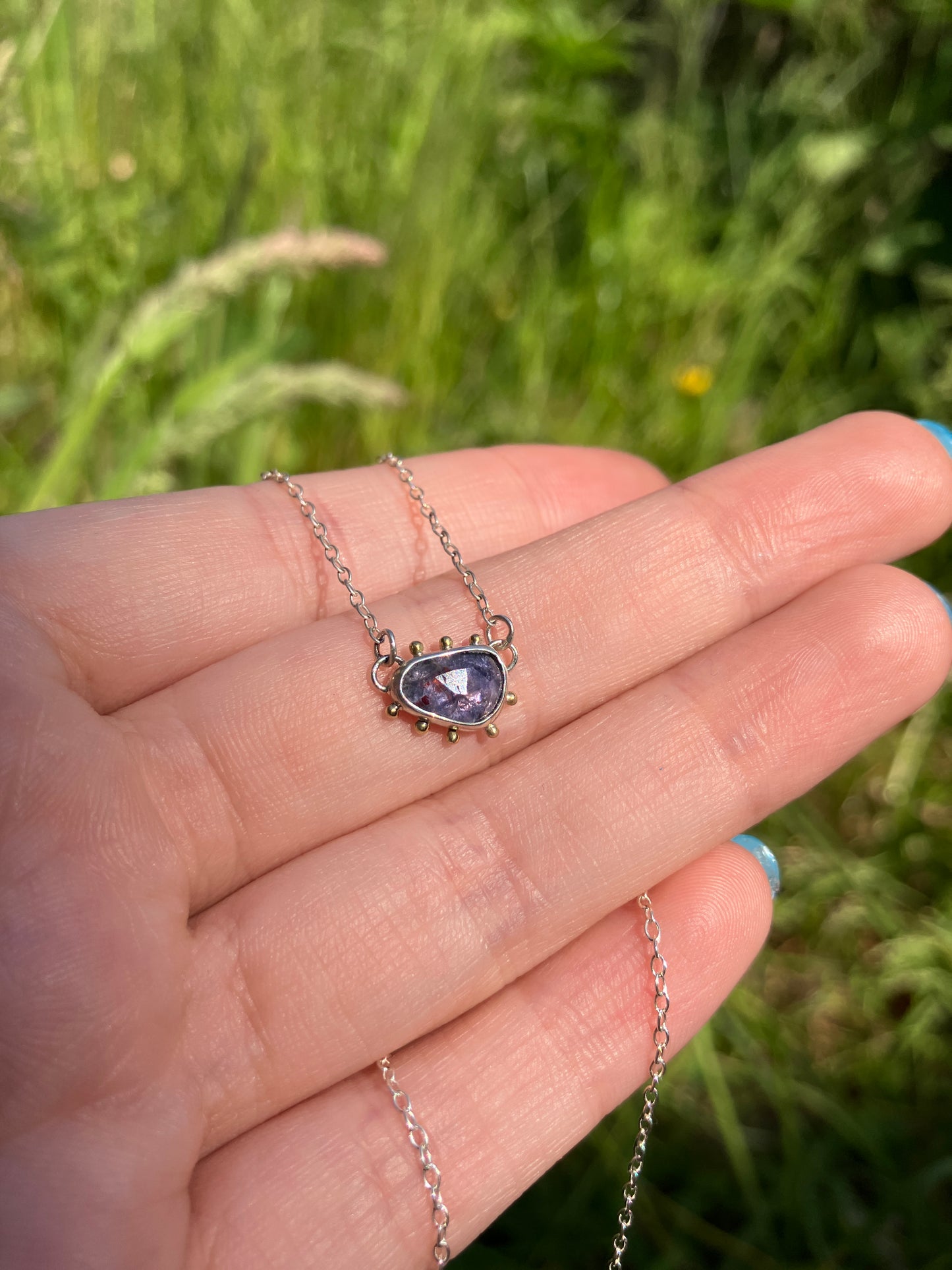 Iolite, 18ct Gold and Sterling Silver Pendant Necklace with Granulation Detail on Sterling Silver Chain