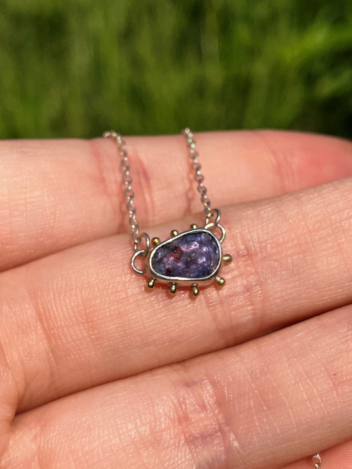 Iolite, 18ct Gold and Sterling Silver Pendant Necklace with Granulation Detail on Sterling Silver Chain