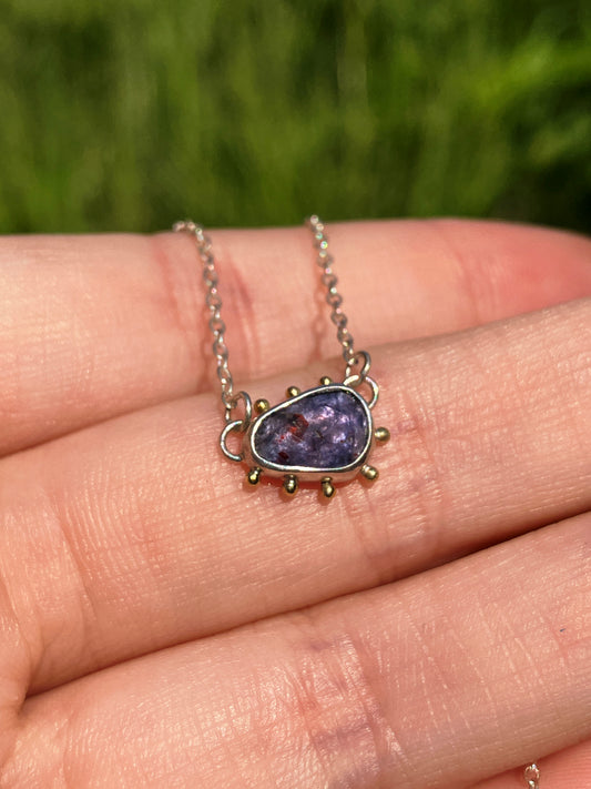 Iolite, 18ct Gold and Sterling Silver Pendant Necklace with Granulation Detail on Sterling Silver Chain