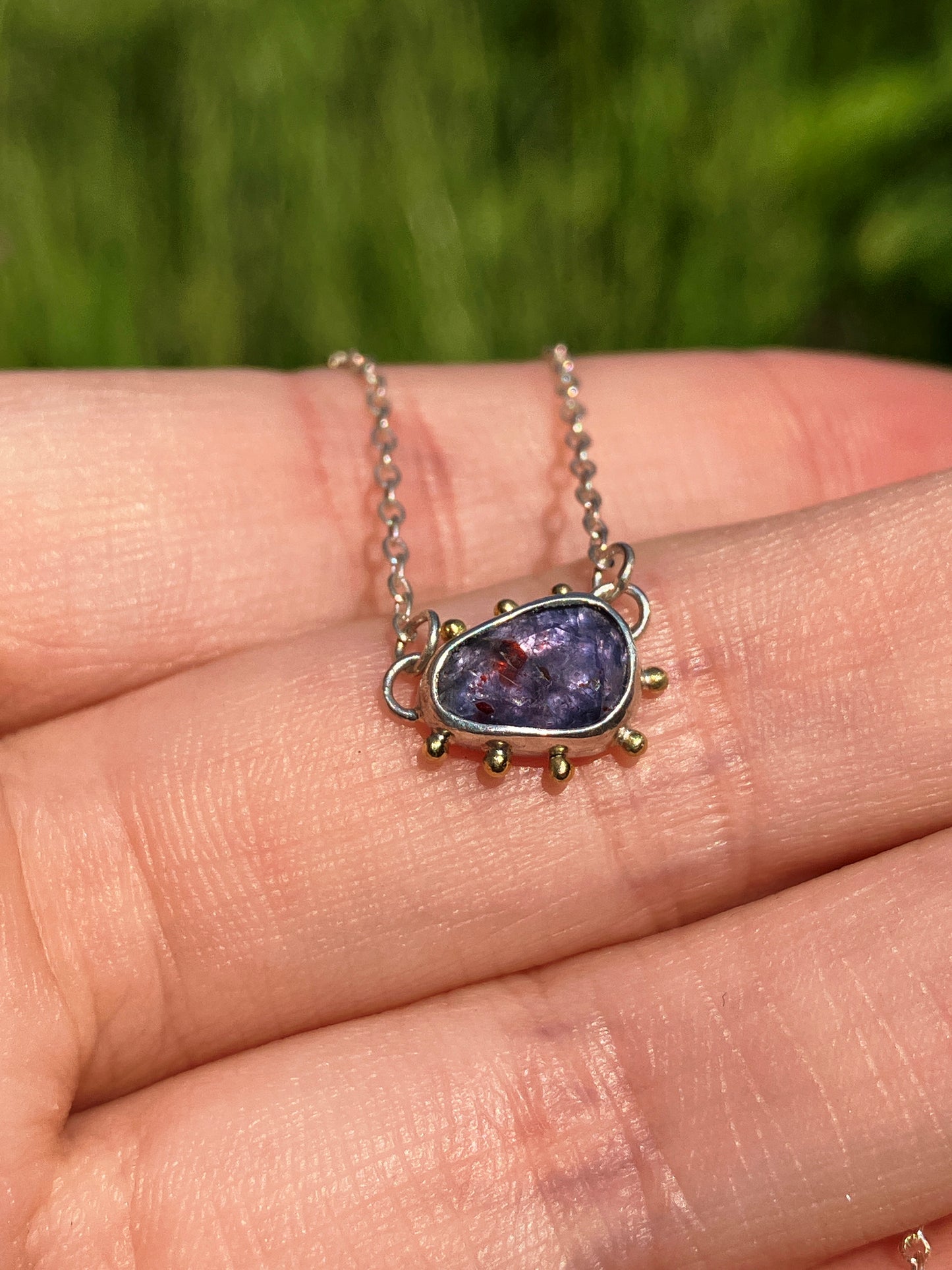 Iolite, 18ct Gold and Sterling Silver Pendant Necklace with Granulation Detail on Sterling Silver Chain