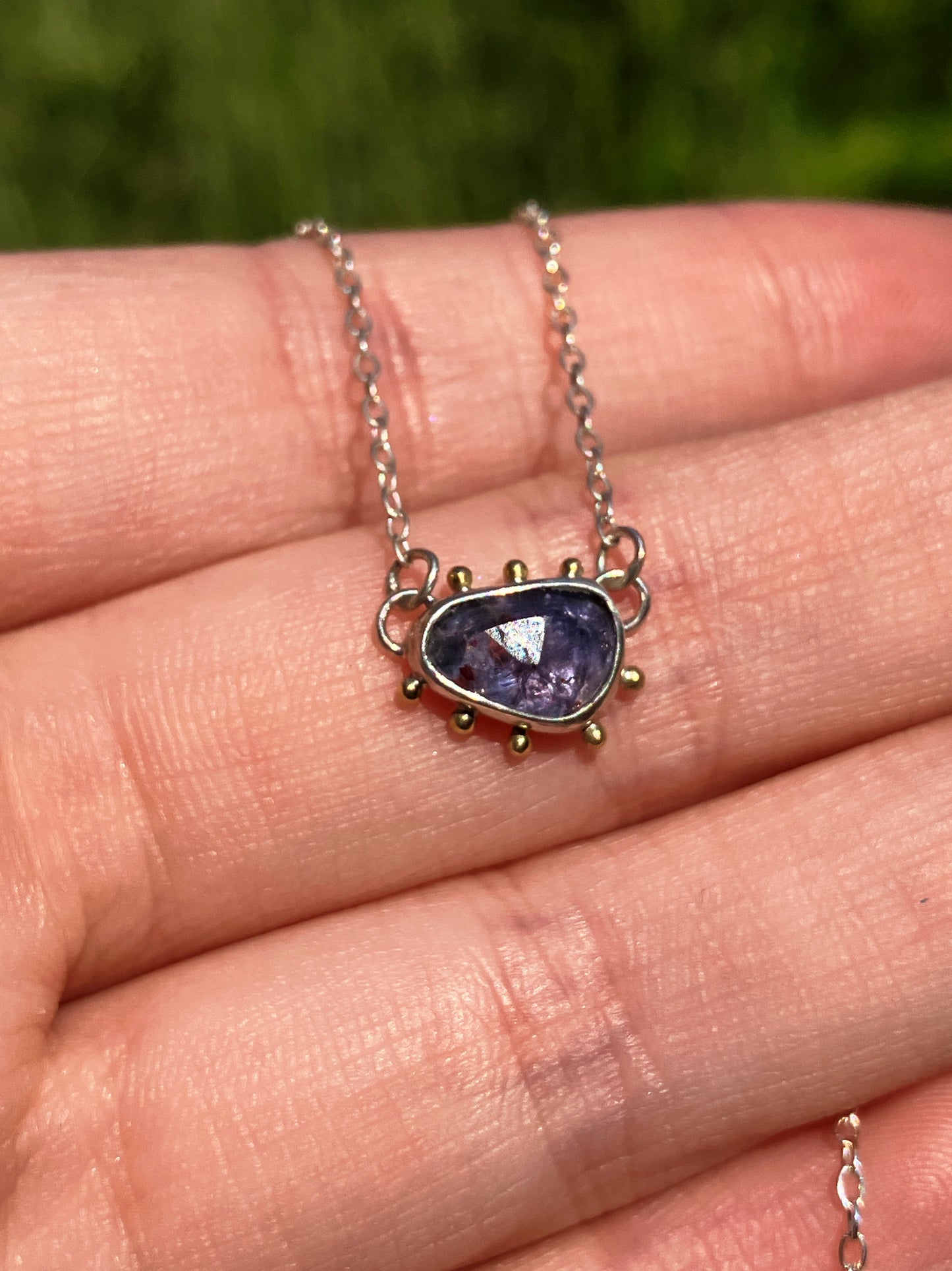 Iolite, 18ct Gold and Sterling Silver Pendant Necklace with Granulation Detail on Sterling Silver Chain