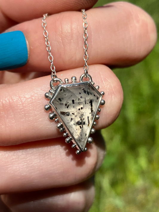 Tourmalinated Quartz and Recycled Sterling Silver Granulation Pendant Necklace
