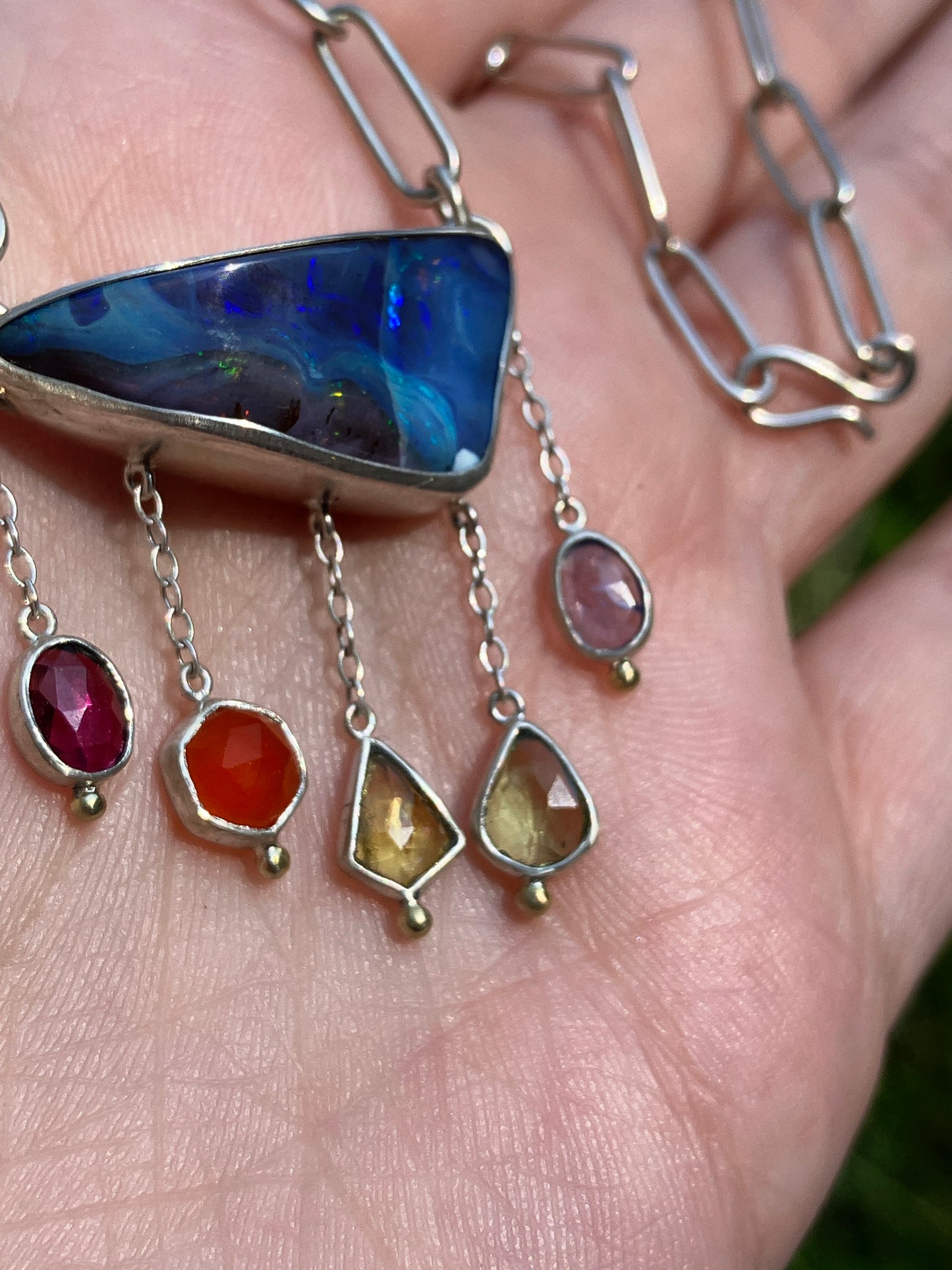 Australian Boulder Opal, Garnet, Carnelian, Sapphire, Peridot, Tanzanite, Sterling Silver and 18ct Gold Necklace with a Handmade Paperclip Chain