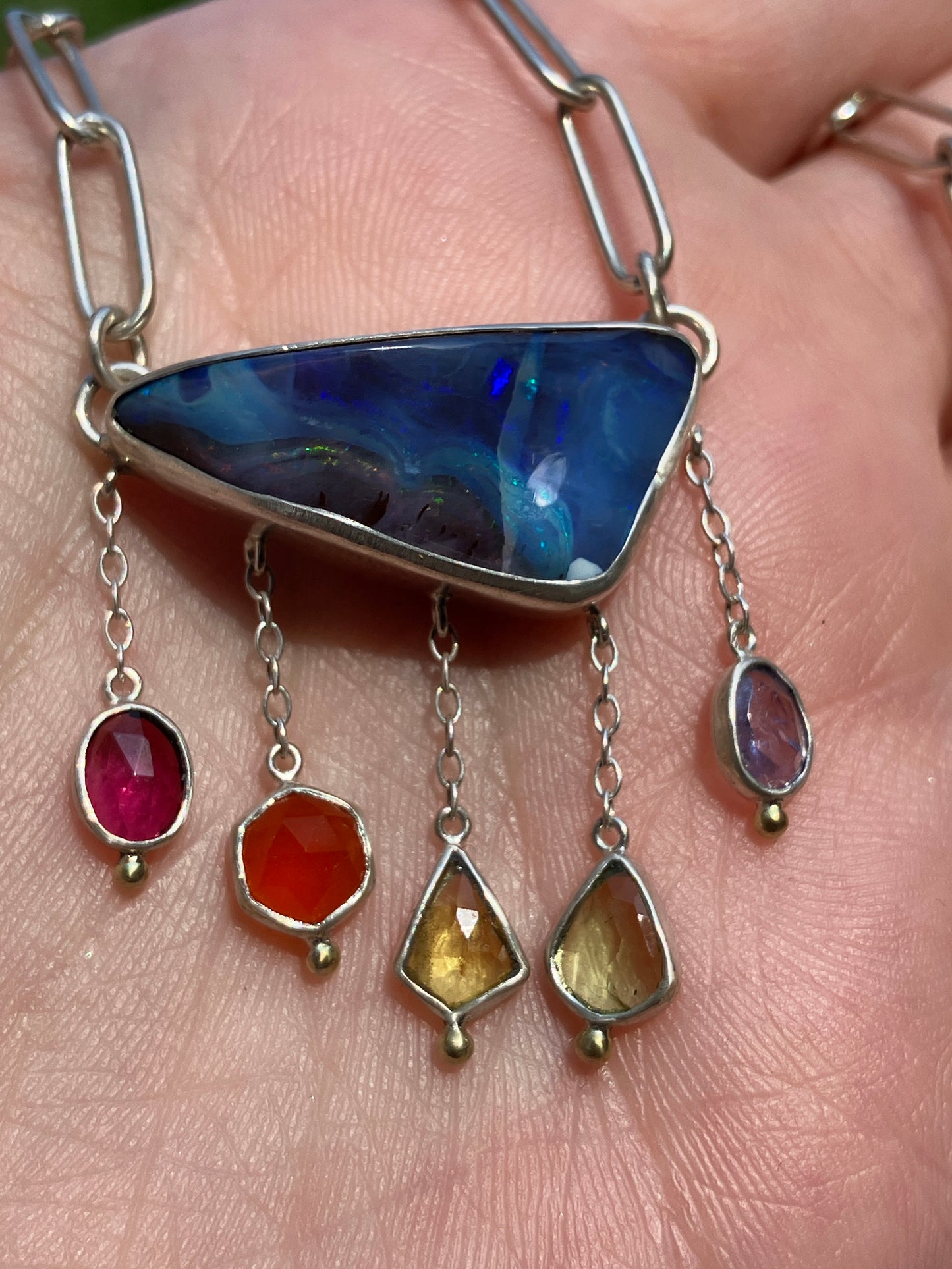 Australian Boulder Opal, Garnet, Carnelian, Sapphire, Peridot, Tanzanite, Sterling Silver and 18ct Gold Necklace with a Handmade Paperclip Chain
