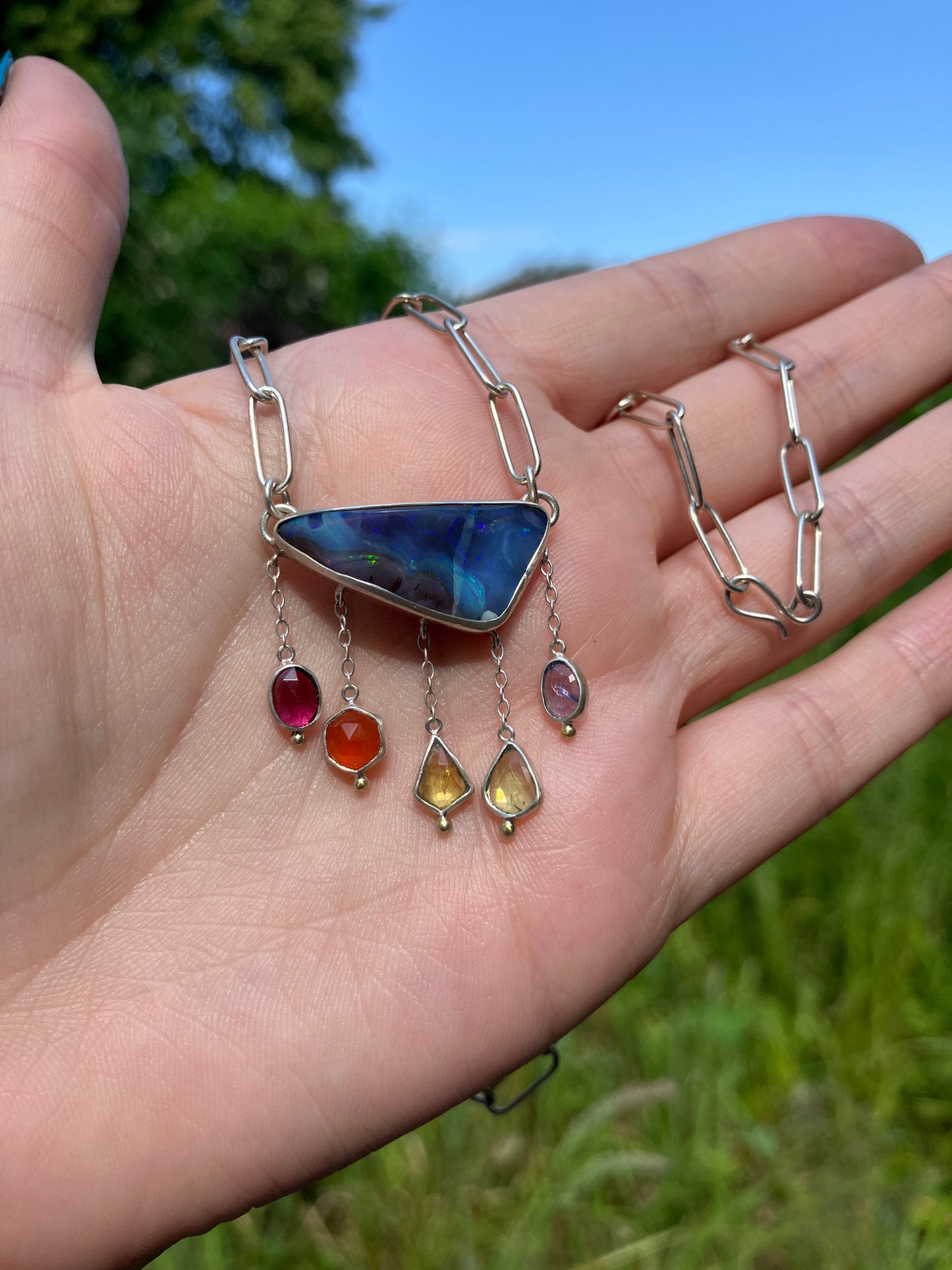 Australian Boulder Opal, Garnet, Carnelian, Sapphire, Peridot, Tanzanite, Sterling Silver and 18ct Gold Necklace with a Handmade Paperclip Chain