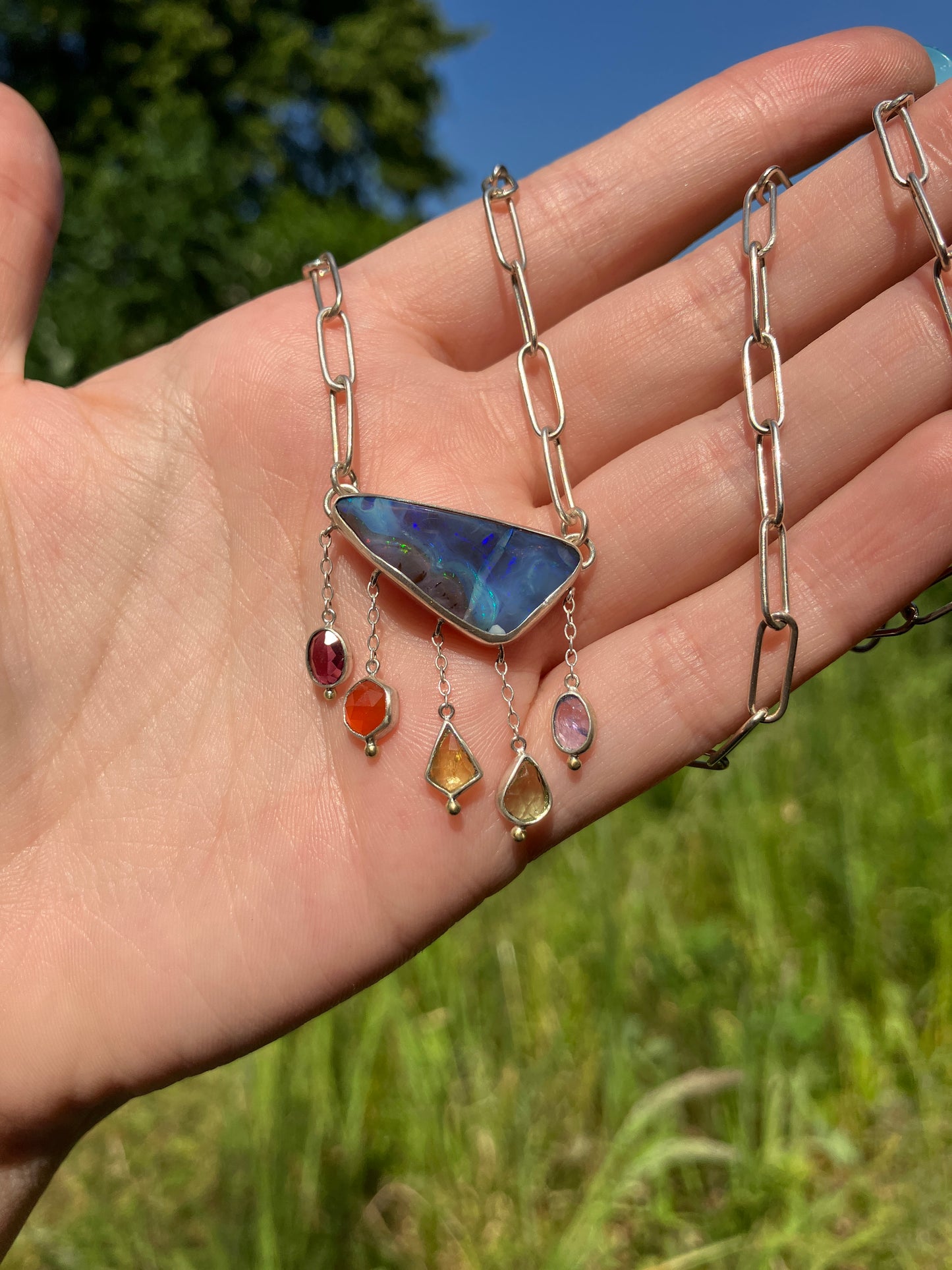 Australian Boulder Opal, Garnet, Carnelian, Sapphire, Peridot, Tanzanite, Sterling Silver and 18ct Gold Necklace with a Handmade Paperclip Chain