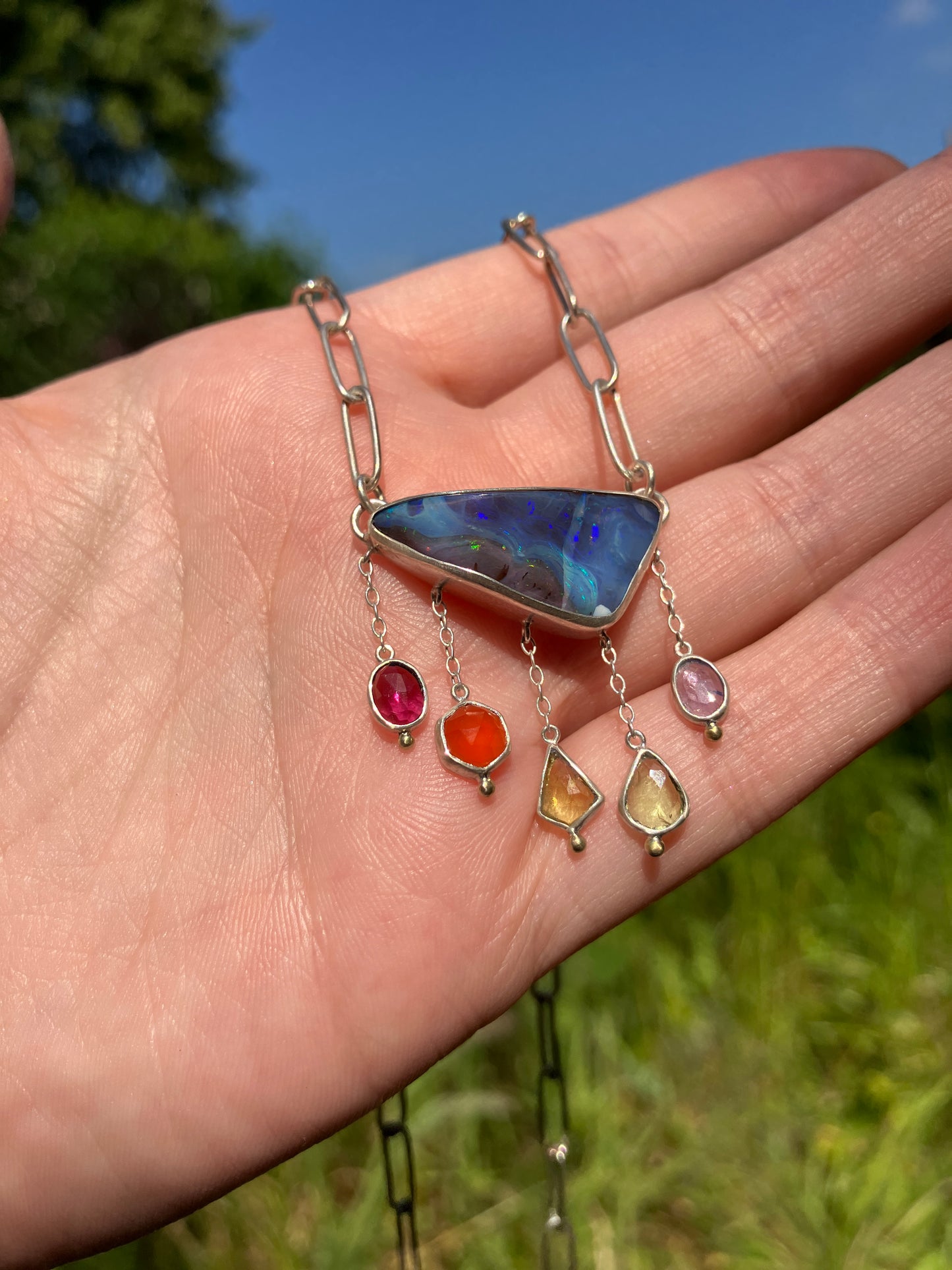 Australian Boulder Opal, Garnet, Carnelian, Sapphire, Peridot, Tanzanite, Sterling Silver and 18ct Gold Necklace with a Handmade Paperclip Chain