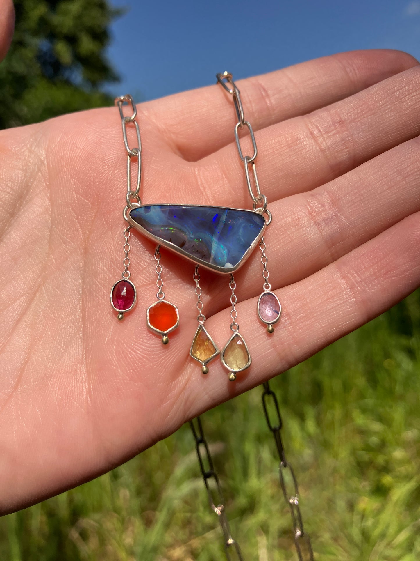Australian Boulder Opal, Garnet, Carnelian, Sapphire, Peridot, Tanzanite, Sterling Silver and 18ct Gold Necklace with a Handmade Paperclip Chain