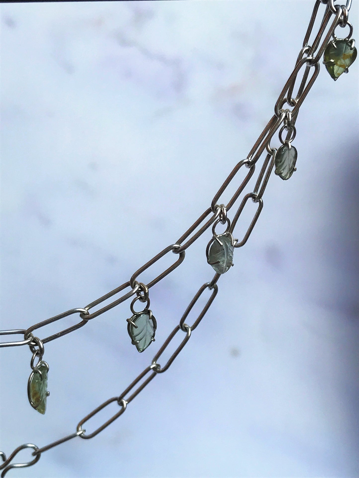 Carved Tourmaline Leaves and Recycled Sterling Silver Handmade Choker Chain Necklace