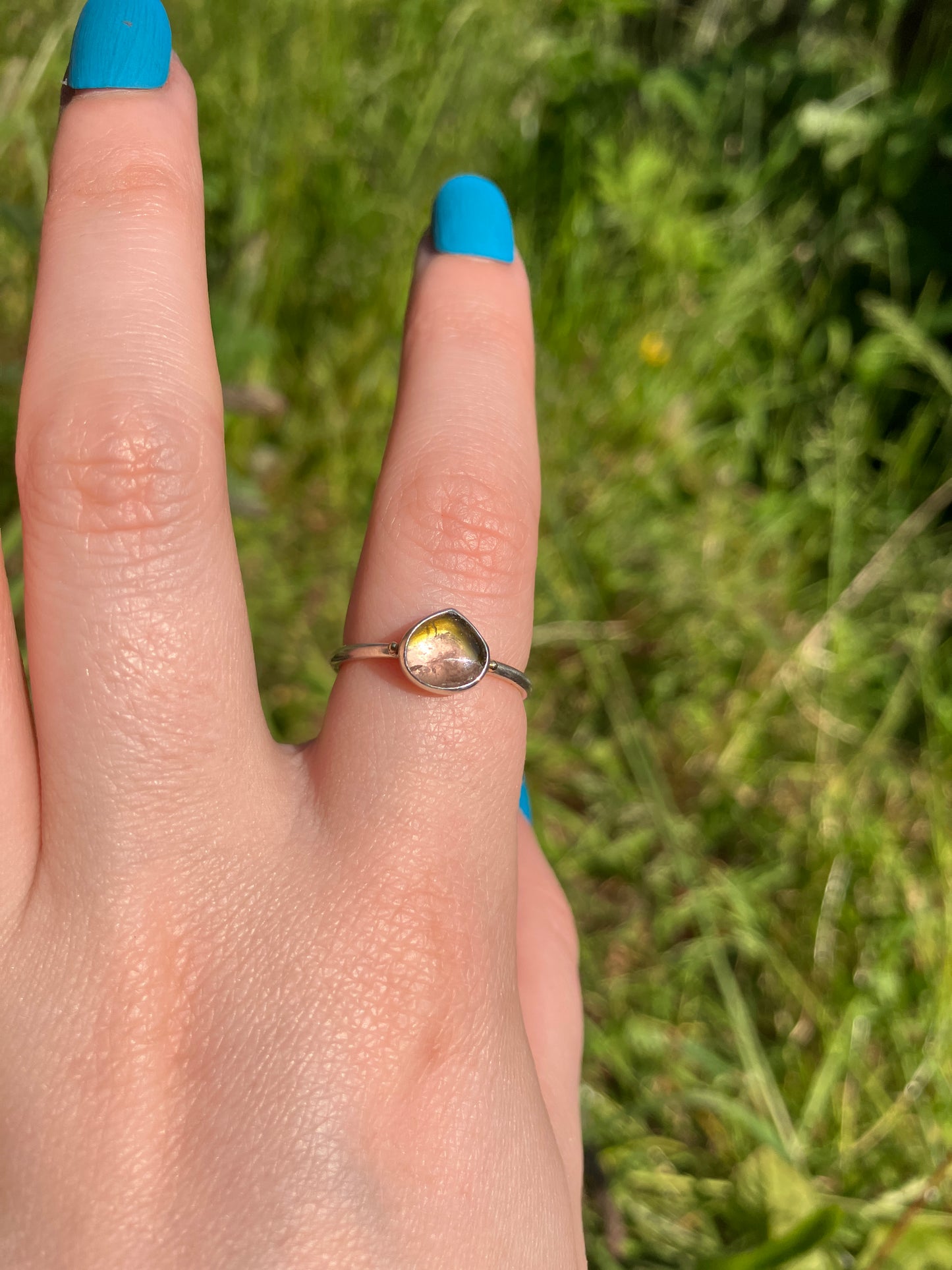 Tourmaline, Sterling Silver and 18ct Gold Rings with Granulation Detailing