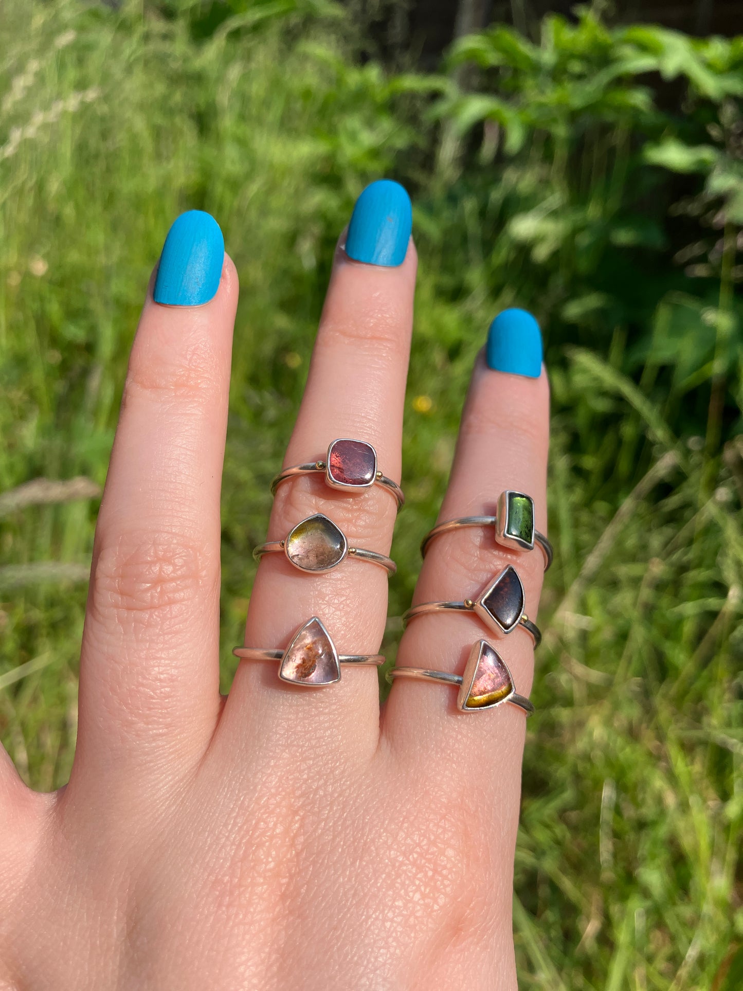 Tourmaline, Sterling Silver and 18ct Gold Rings with Granulation Detailing