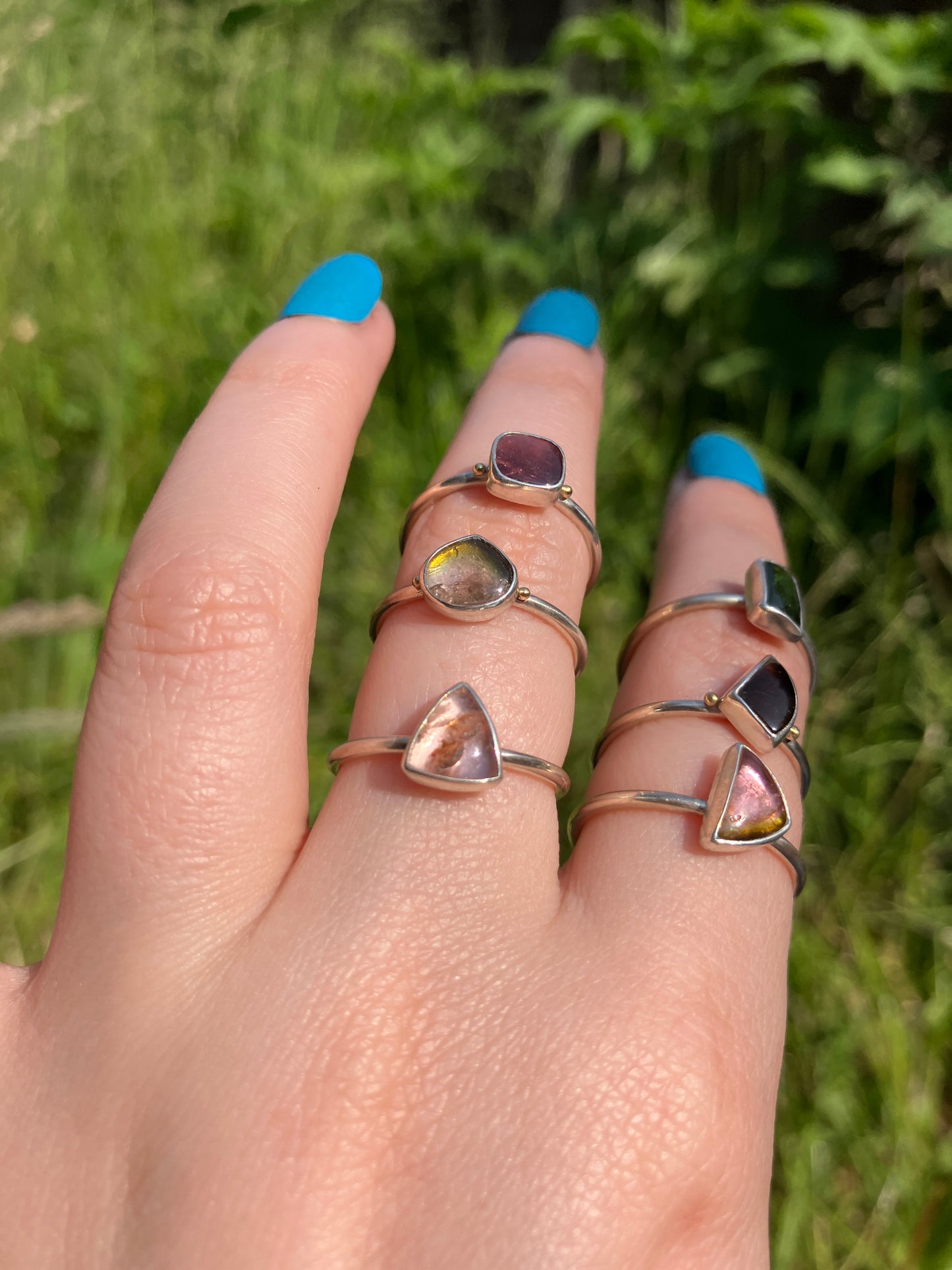 Tourmaline, Sterling Silver and 18ct Gold Rings with Granulation Detailing