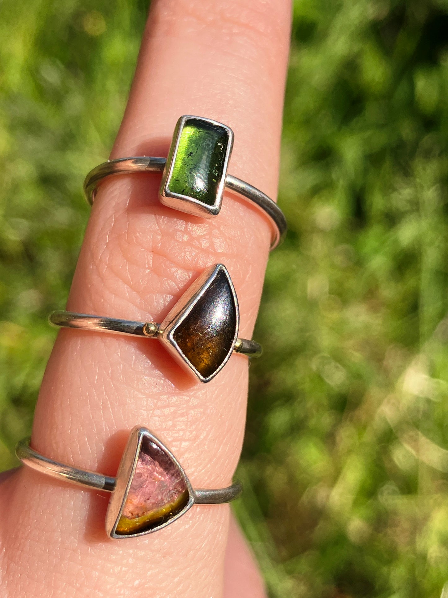 Tourmaline, Sterling Silver and 18ct Gold Rings with Granulation Detailing