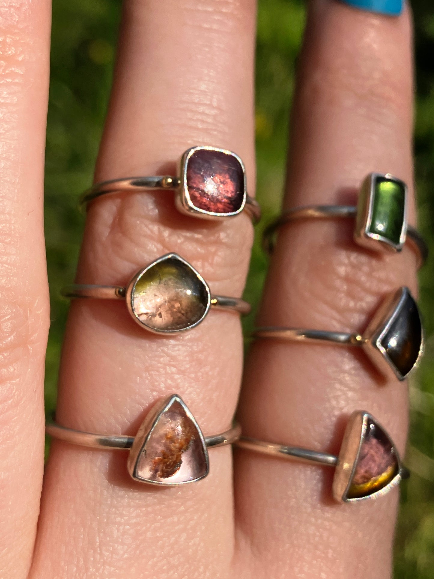 Tourmaline, Sterling Silver and 18ct Gold Rings with Granulation Detailing