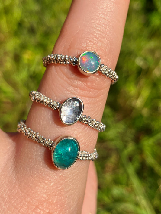 Gemstone Imogen Rings - Apatite, Opal, Tanzanite and Sterling Silver Ring with Granulation Detail