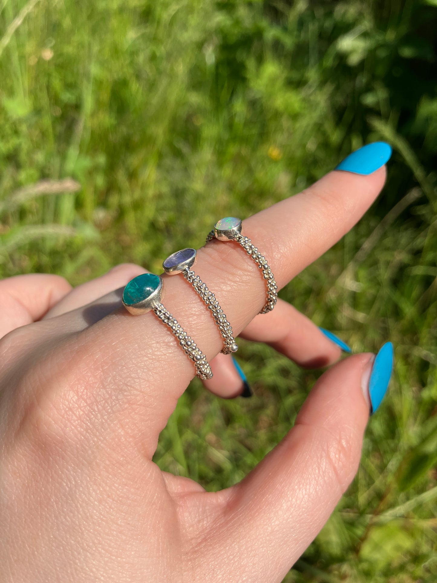Gemstone Imogen Rings - Apatite, Opal, Tanzanite and Sterling Silver Ring with Granulation Detail