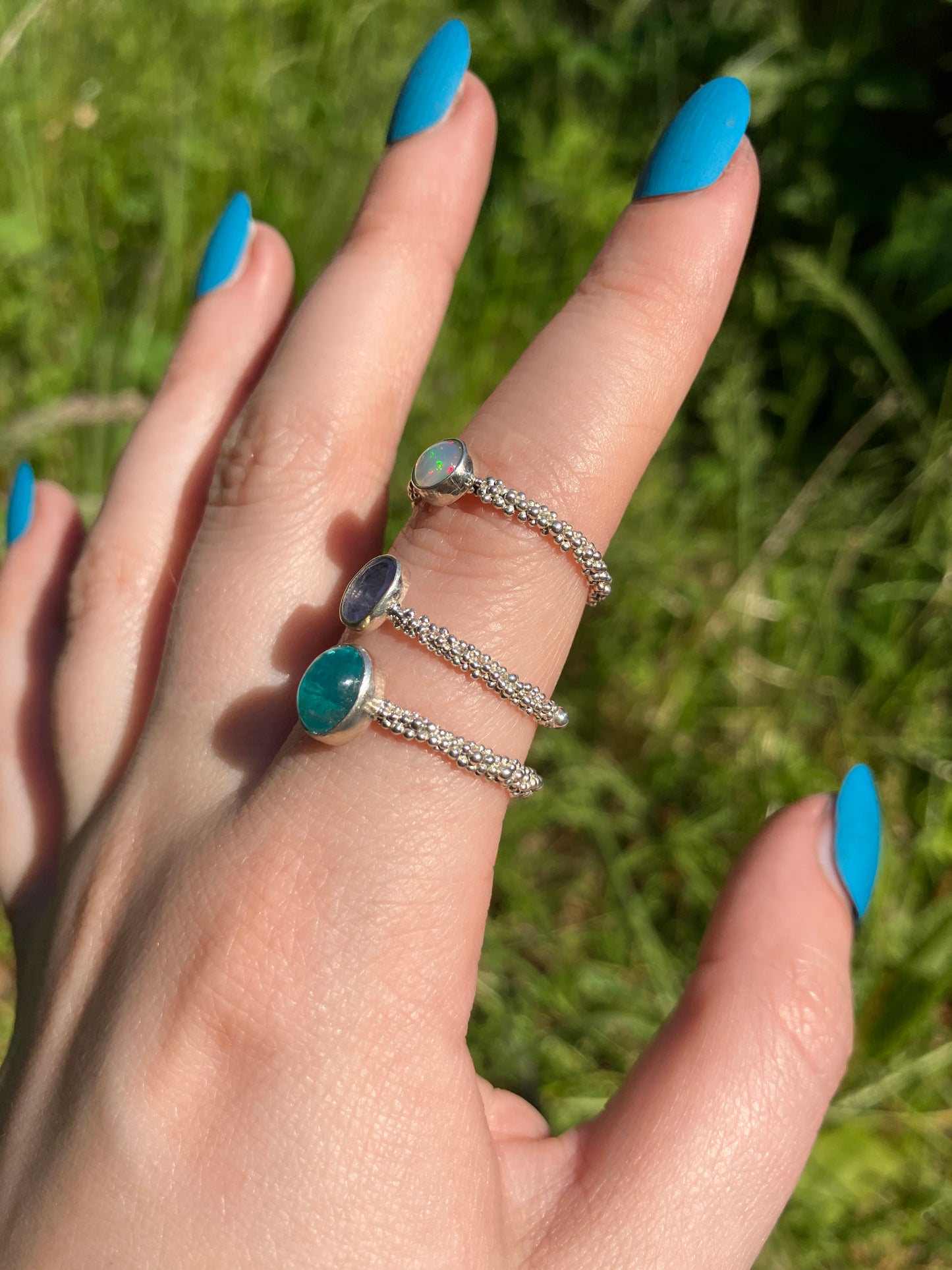 Gemstone Imogen Rings - Apatite, Opal, Tanzanite and Sterling Silver Ring with Granulation Detail