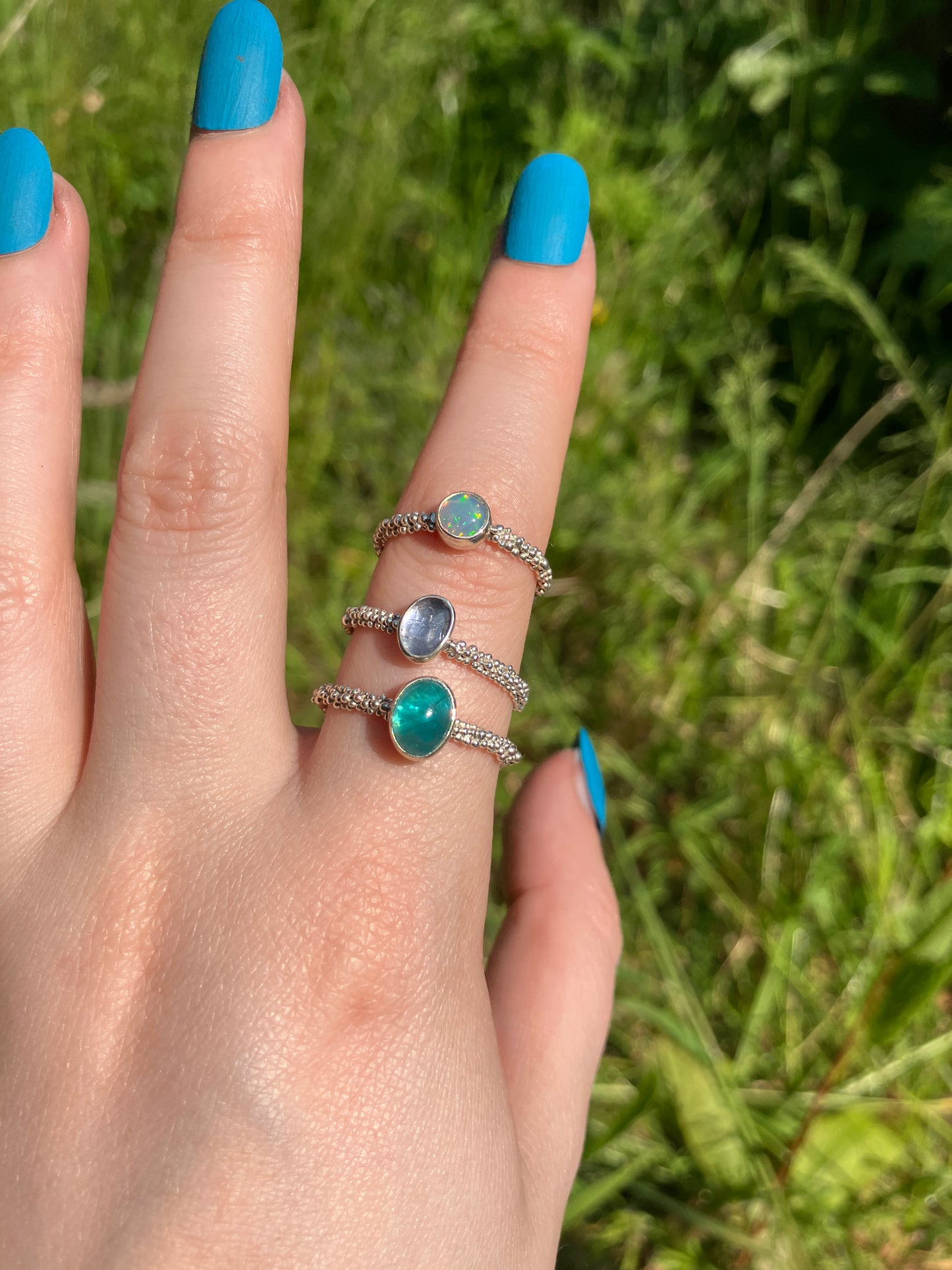 Gemstone Imogen Rings - Apatite, Opal, Tanzanite and Sterling Silver Ring with Granulation Detail