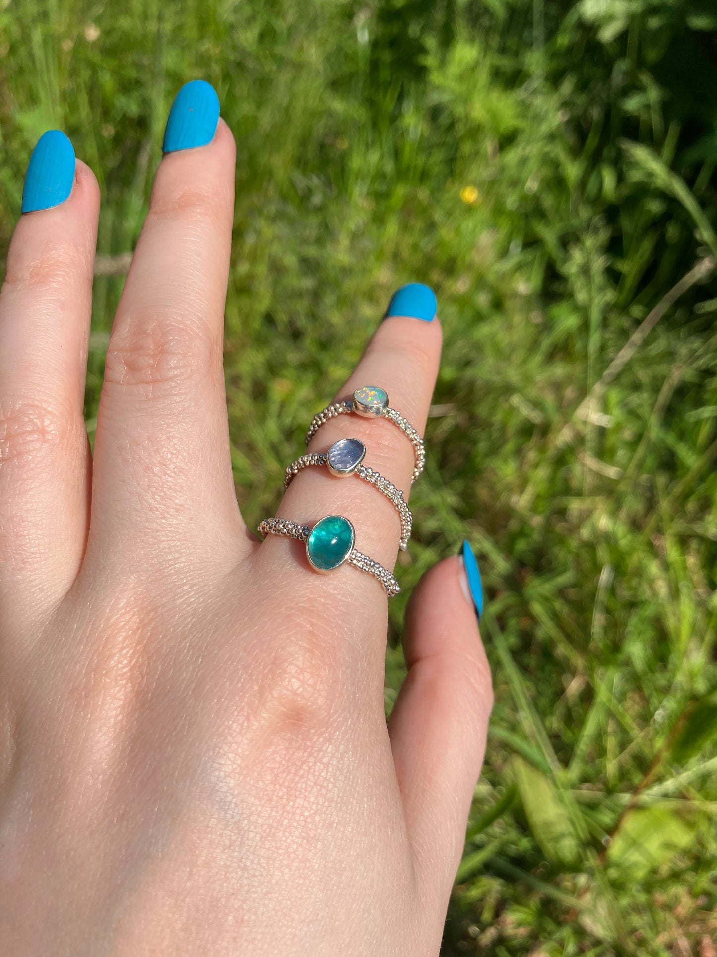 Gemstone Imogen Rings - Apatite, Opal, Tanzanite and Sterling Silver Ring with Granulation Detail