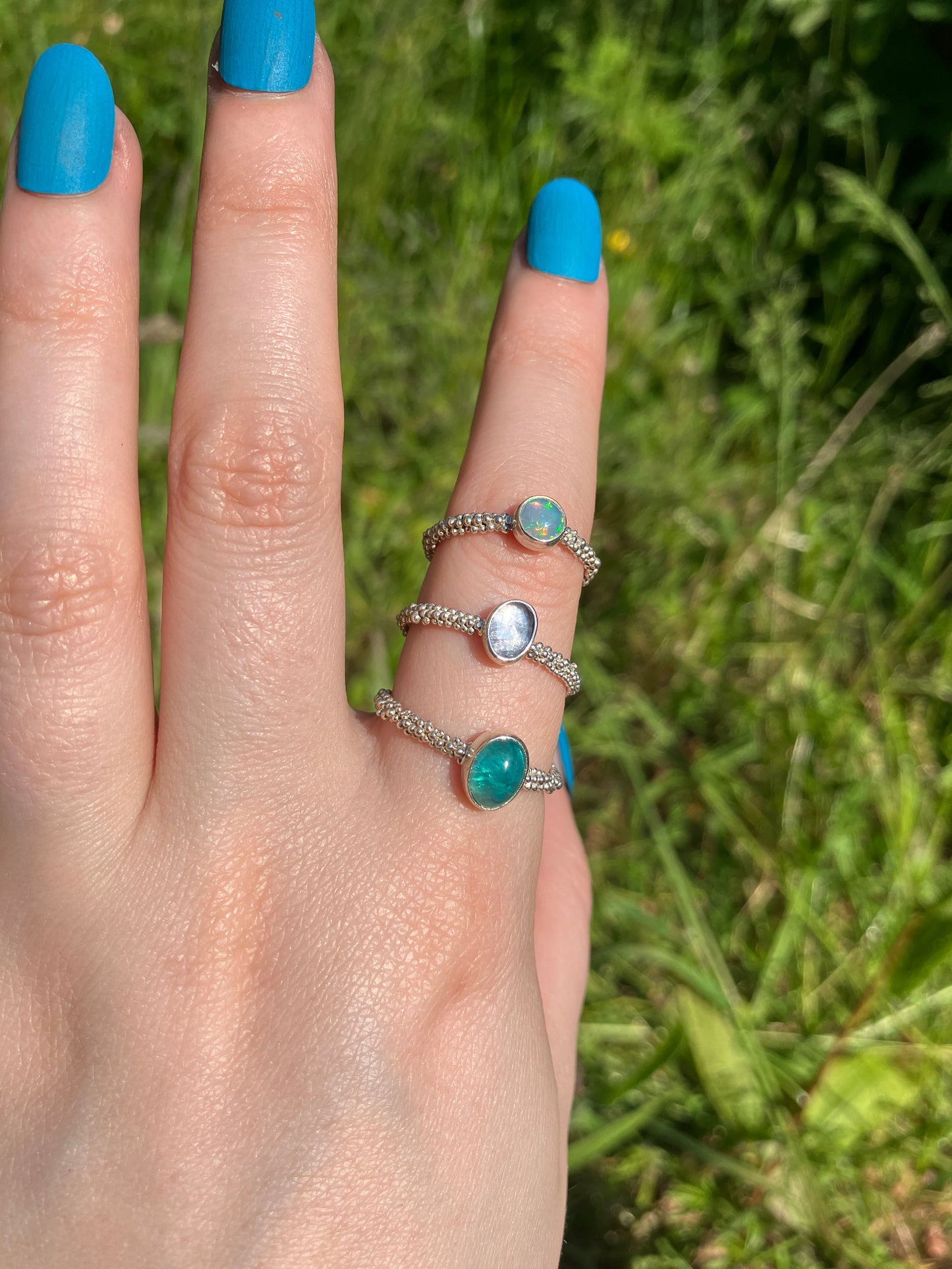 Gemstone Imogen Rings - Apatite, Opal, Tanzanite and Sterling Silver Ring with Granulation Detail