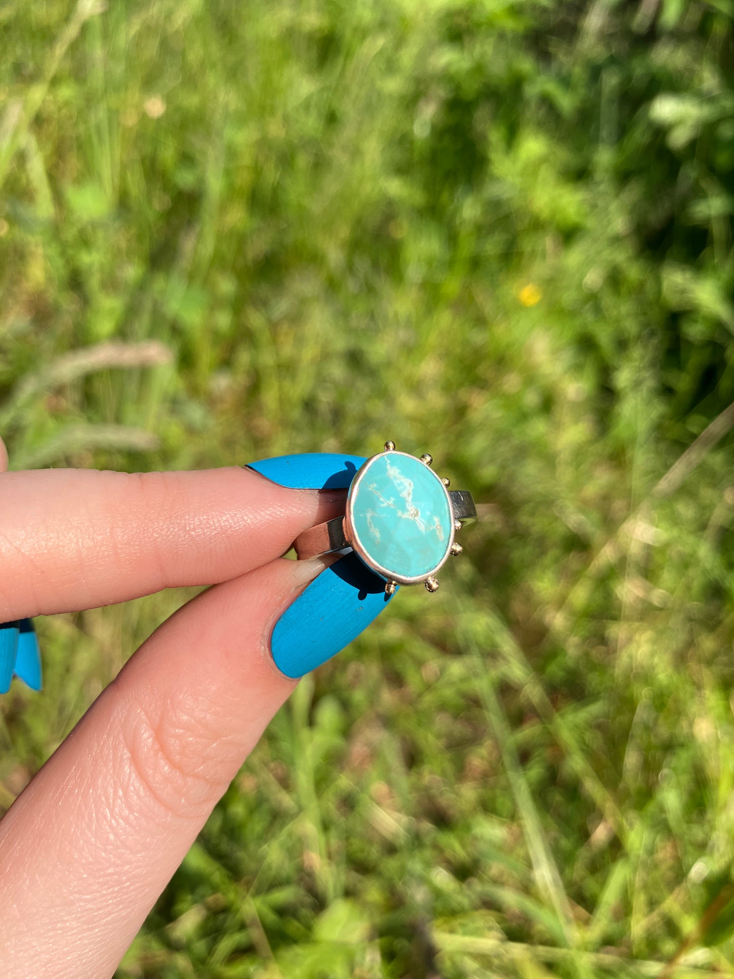 Turquoise, Sterling Silver and 18ct Gold Ring with Granulation Detailing - UK Size N