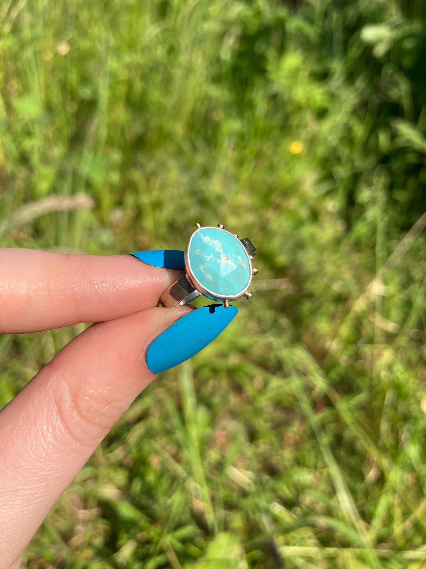 Turquoise, Sterling Silver and 18ct Gold Ring with Granulation Detailing - UK Size N