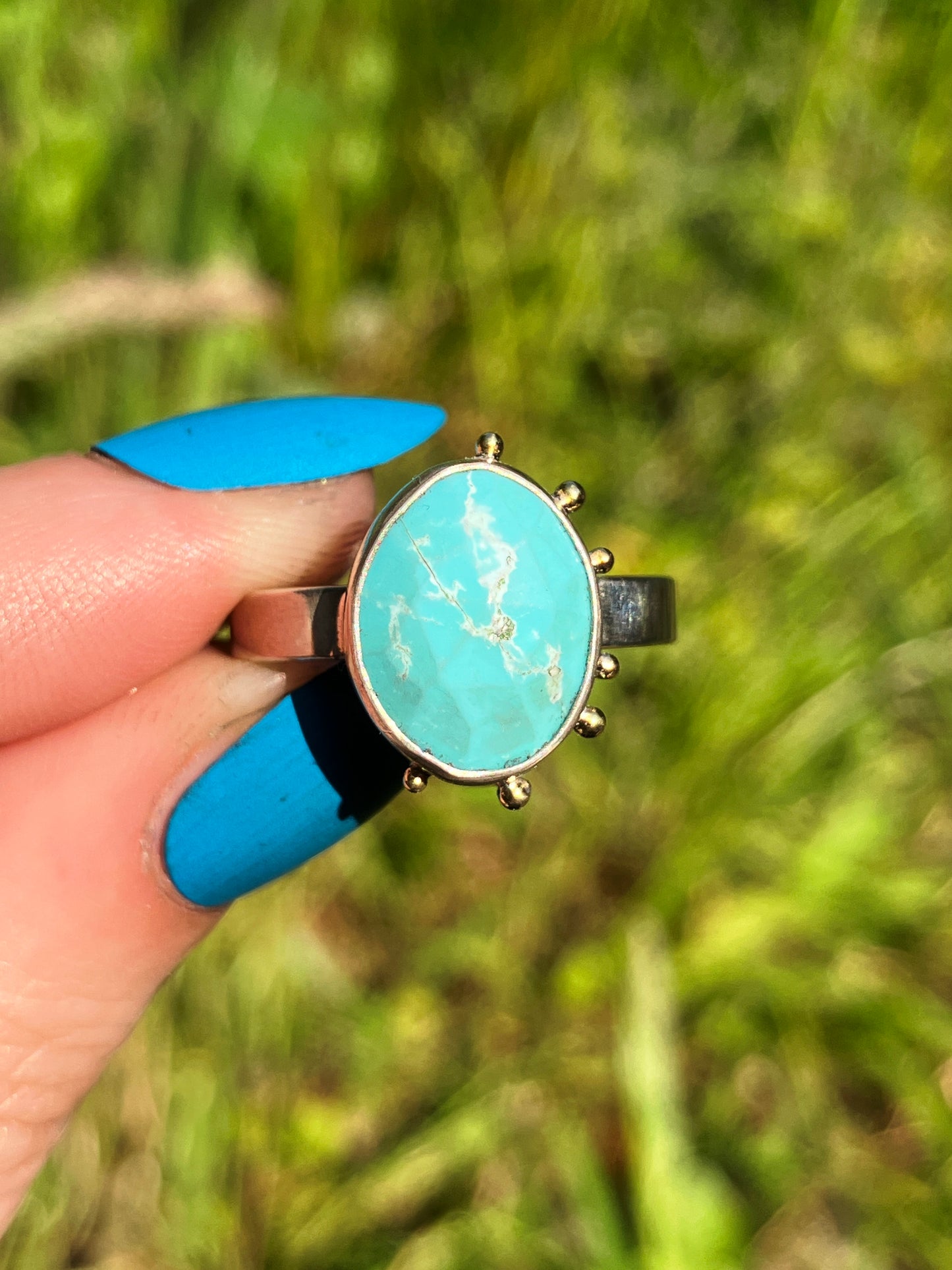 Turquoise, Sterling Silver and 18ct Gold Ring with Granulation Detailing - UK Size N