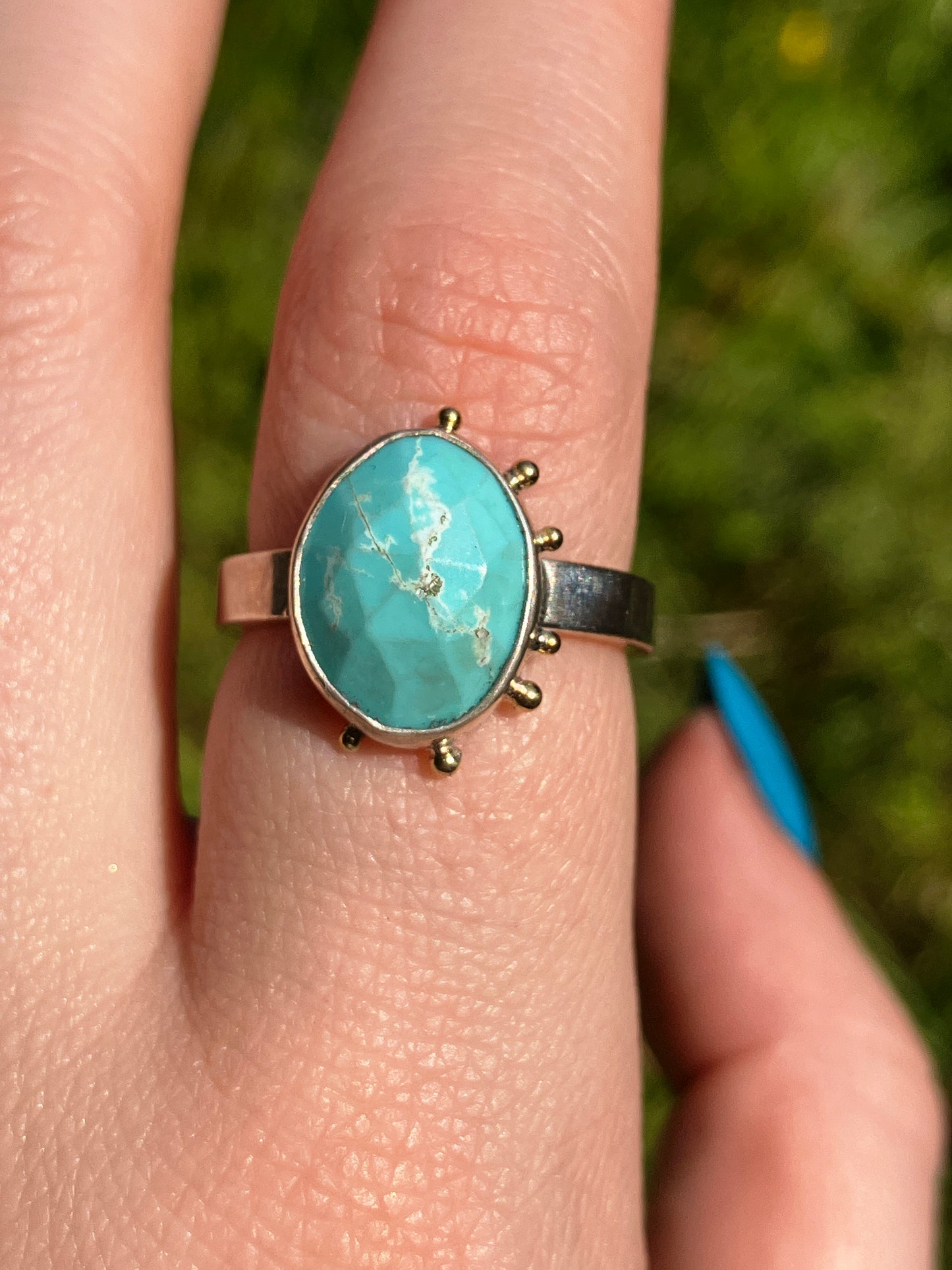 Turquoise, Sterling Silver and 18ct Gold Ring with Granulation Detailing - UK Size N