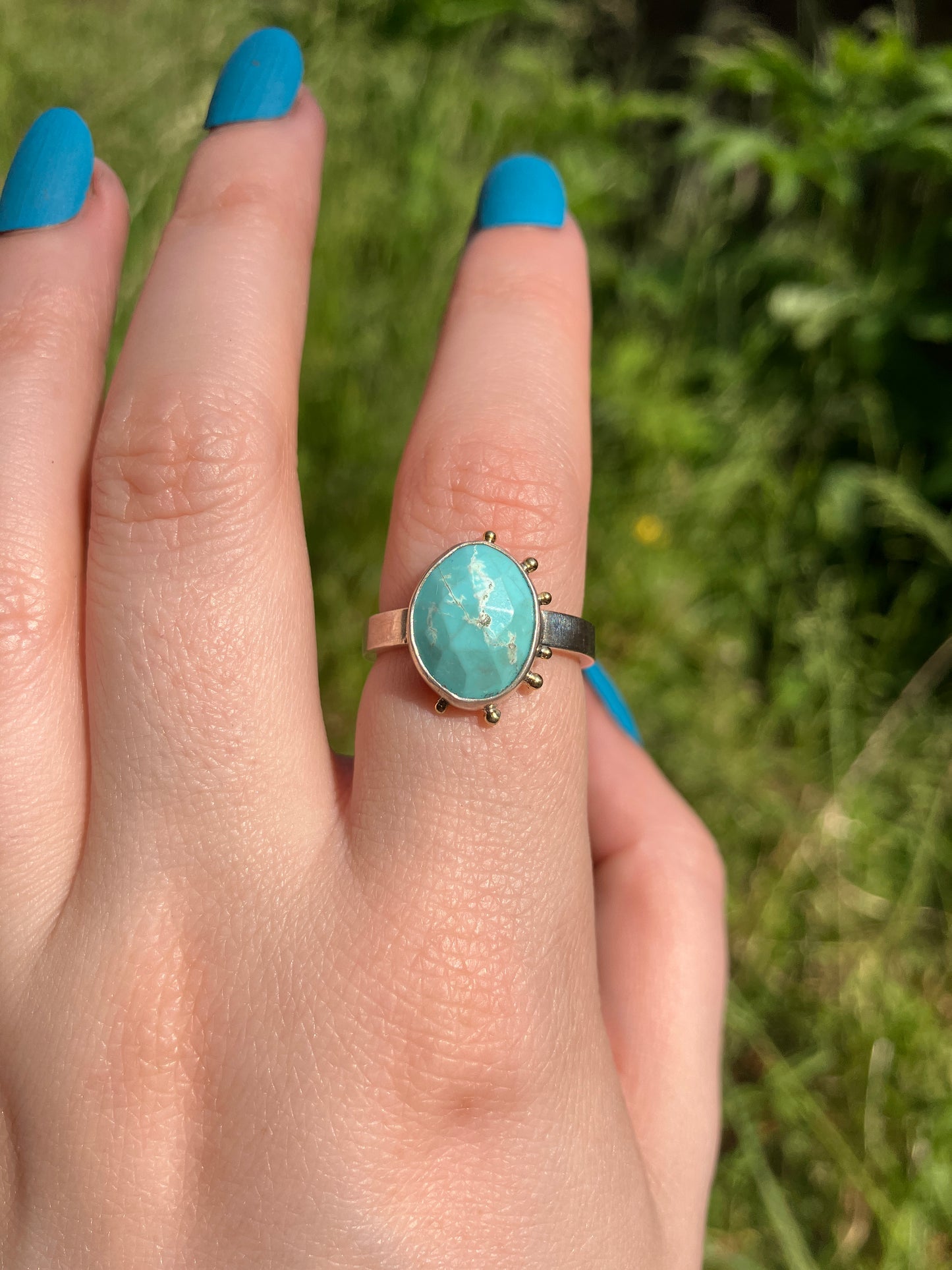 Turquoise, Sterling Silver and 18ct Gold Ring with Granulation Detailing - UK Size N