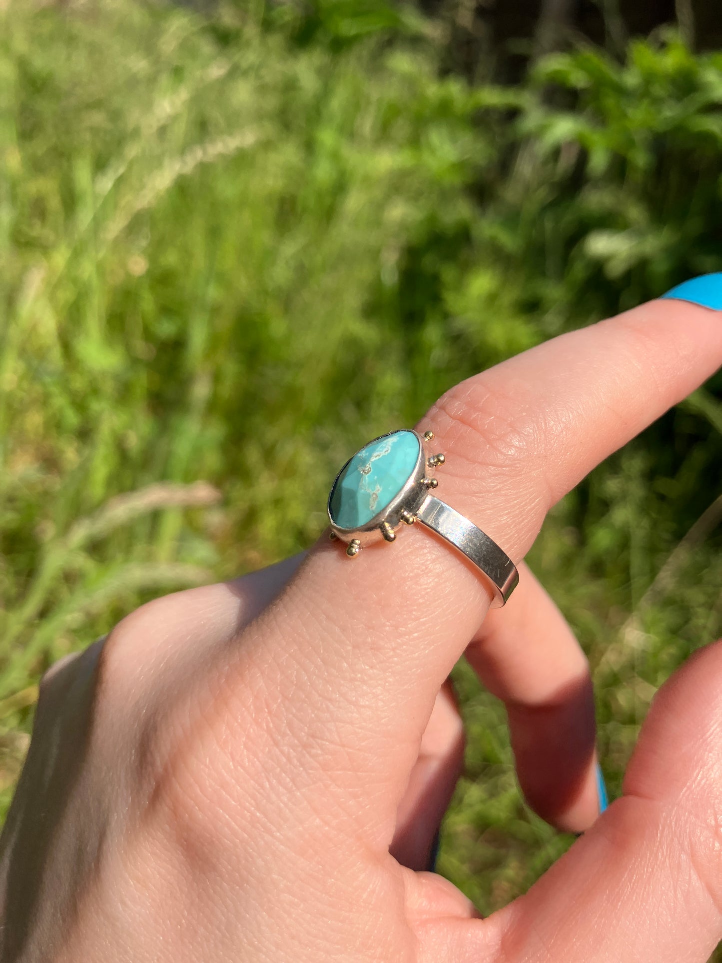 Turquoise, Sterling Silver and 18ct Gold Ring with Granulation Detailing - UK Size N