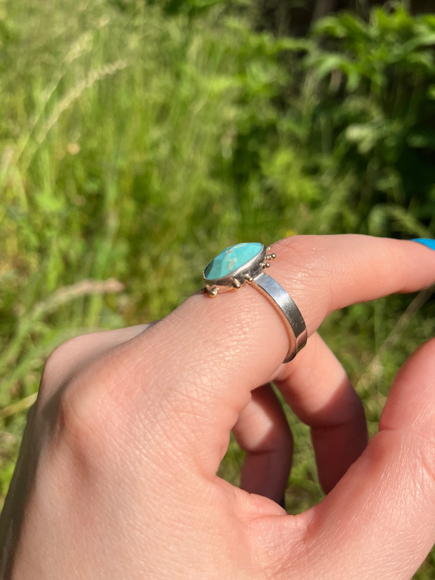 Turquoise, Sterling Silver and 18ct Gold Ring with Granulation Detailing - UK Size N