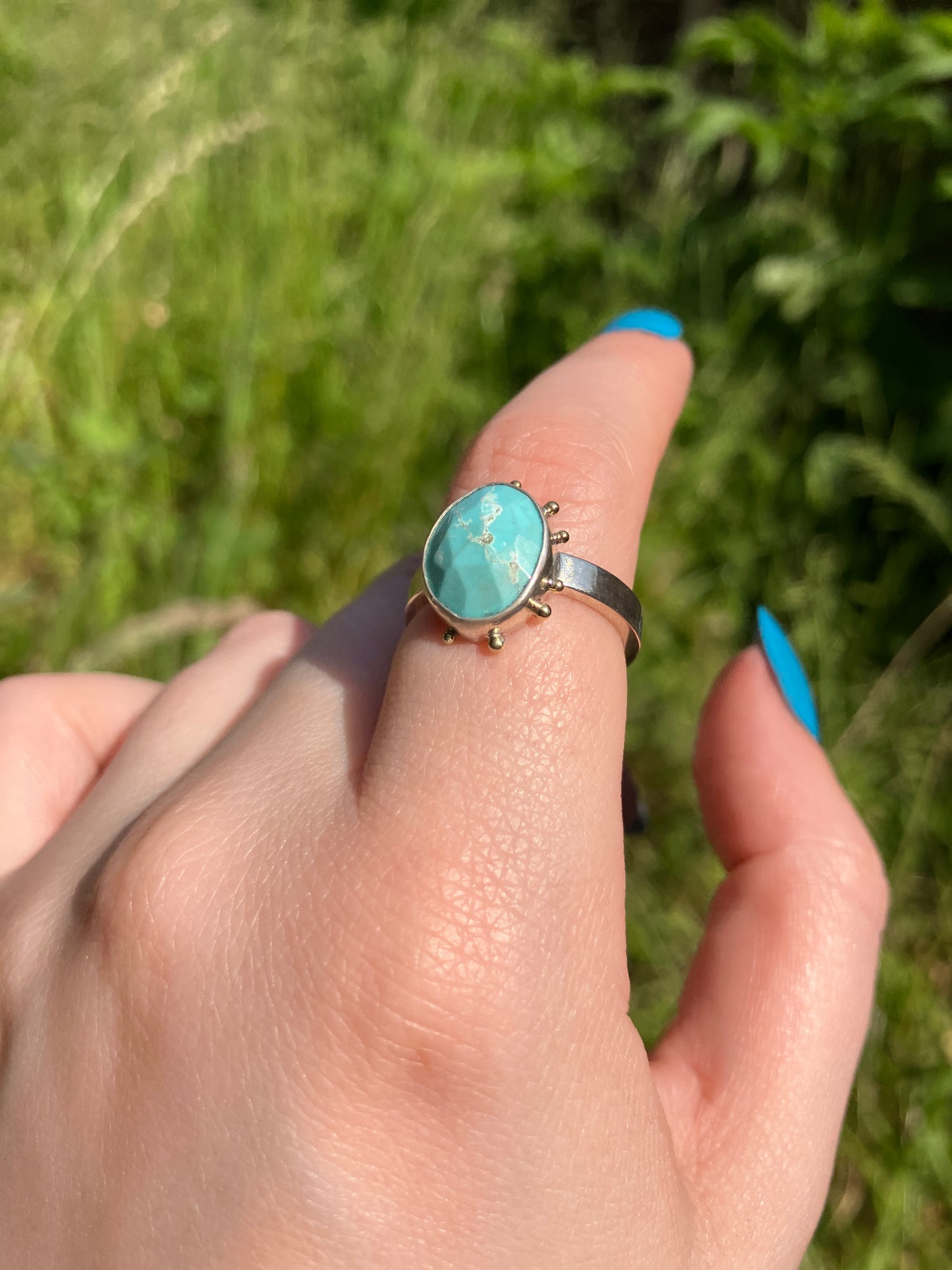 Turquoise, Sterling Silver and 18ct Gold Ring with Granulation Detailing - UK Size N