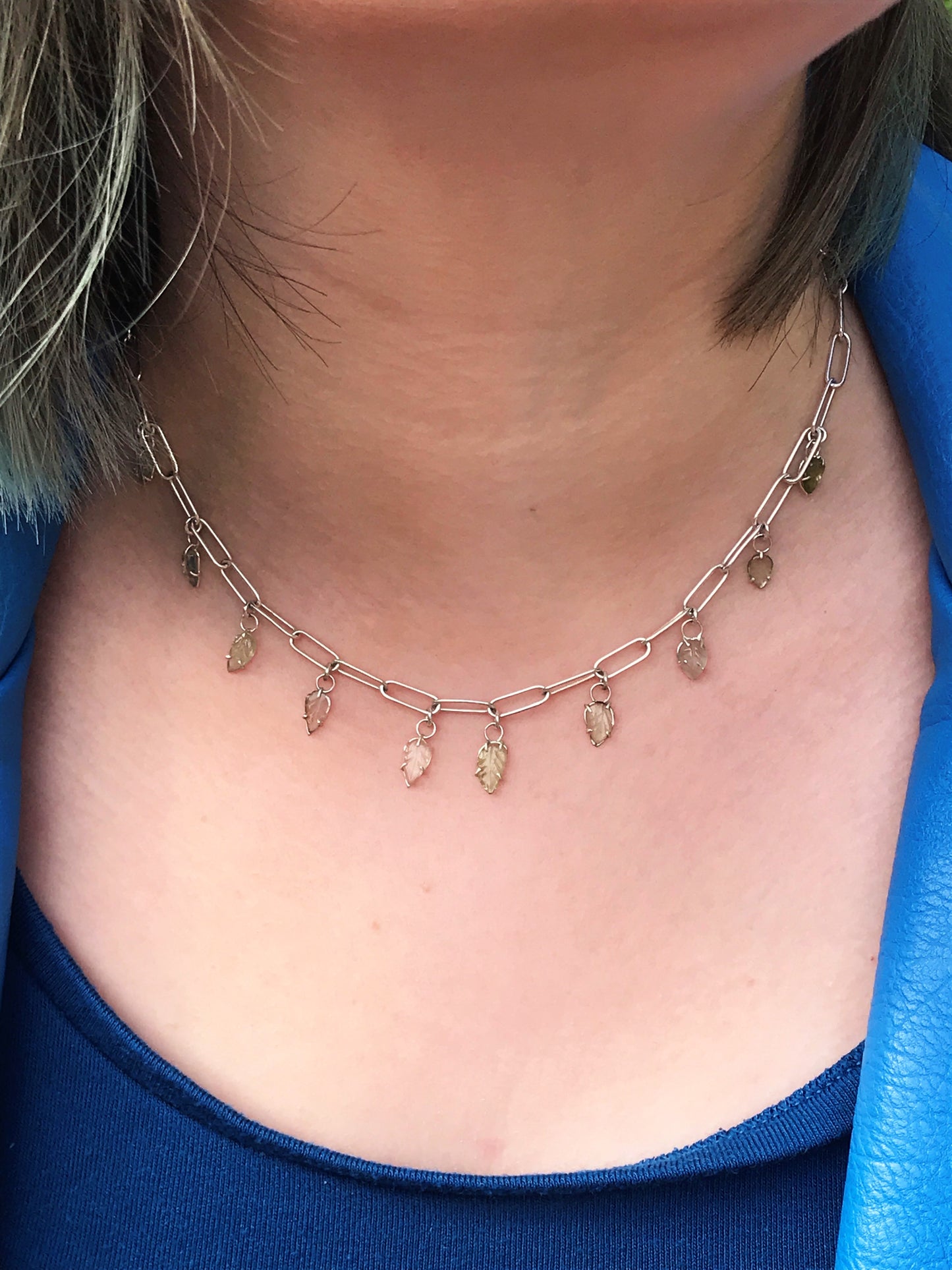 Carved Tourmaline Leaves and Recycled Sterling Silver Handmade Choker Chain Necklace