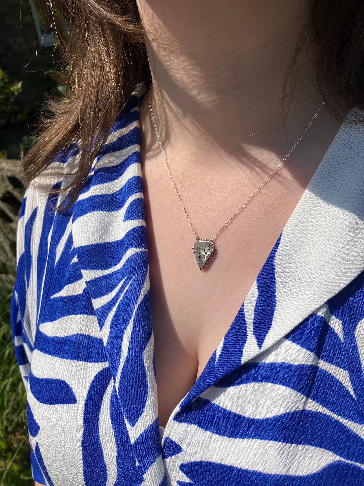 Tourmalinated Quartz and Recycled Sterling Silver Granulation Pendant Necklace