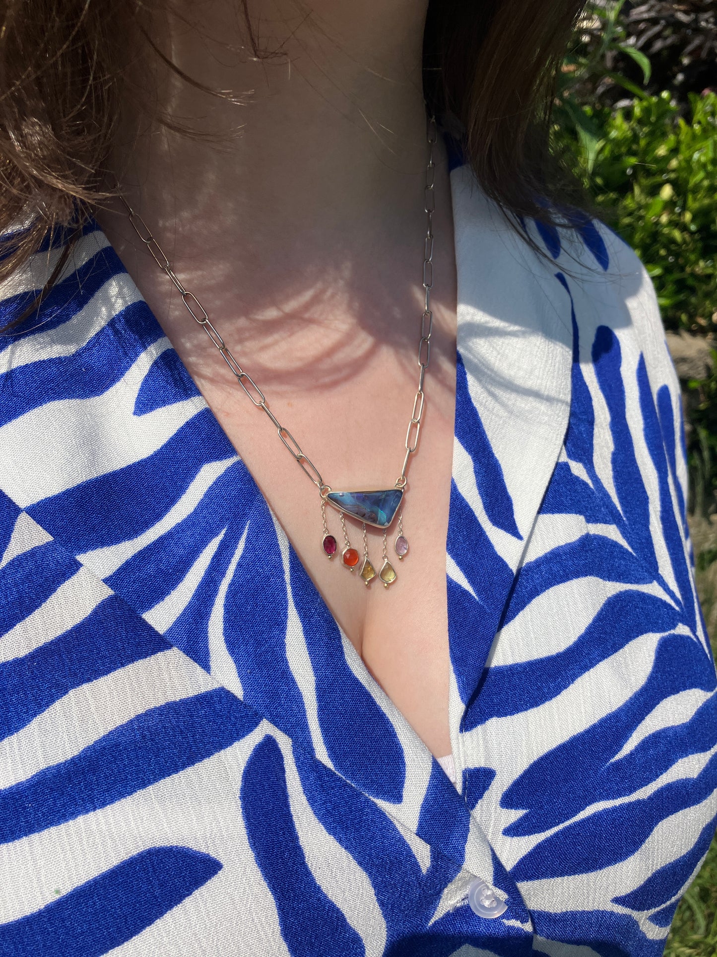 Australian Boulder Opal, Garnet, Carnelian, Sapphire, Peridot, Tanzanite, Sterling Silver and 18ct Gold Necklace with a Handmade Paperclip Chain