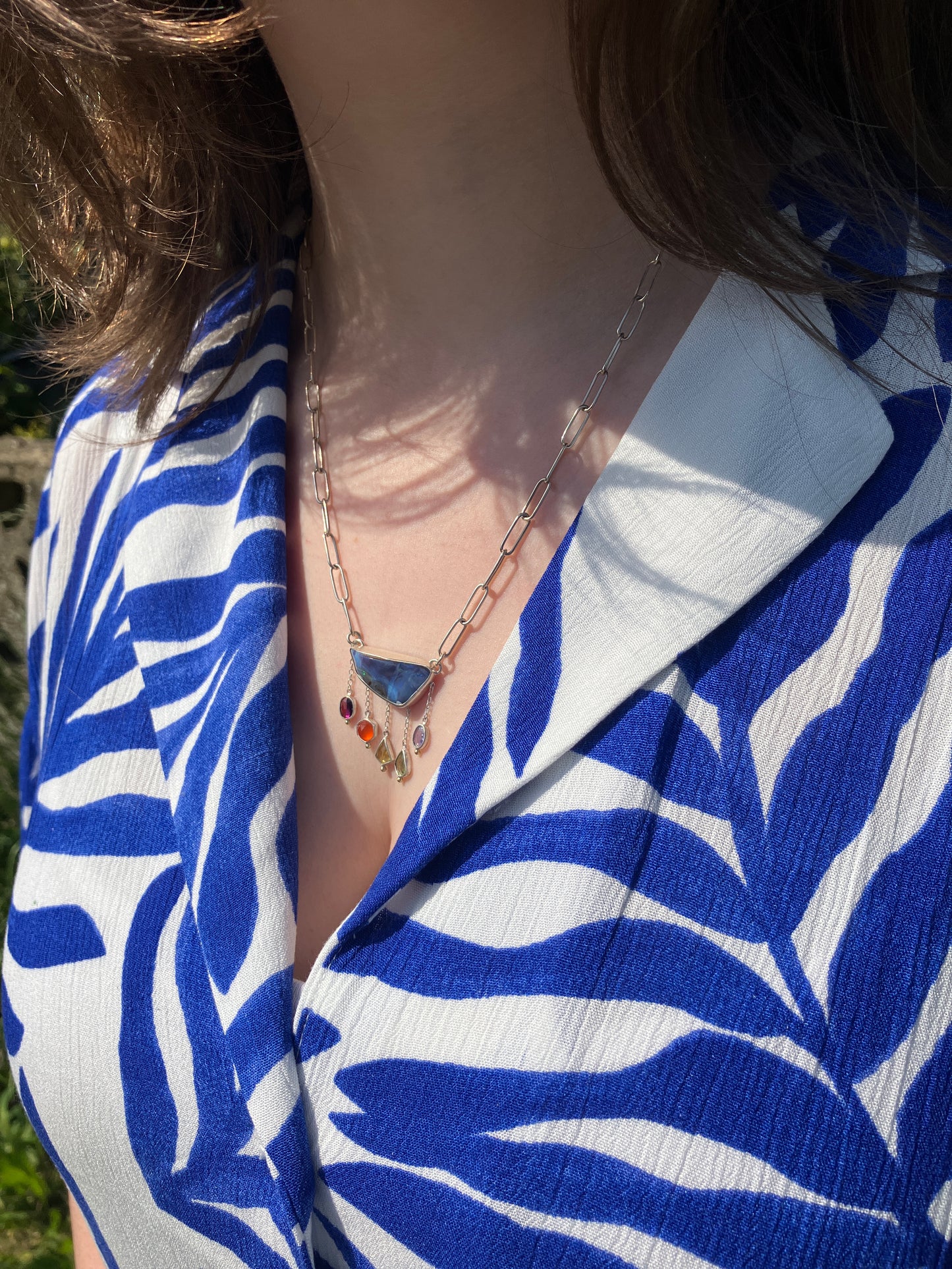 Australian Boulder Opal, Garnet, Carnelian, Sapphire, Peridot, Tanzanite, Sterling Silver and 18ct Gold Necklace with a Handmade Paperclip Chain