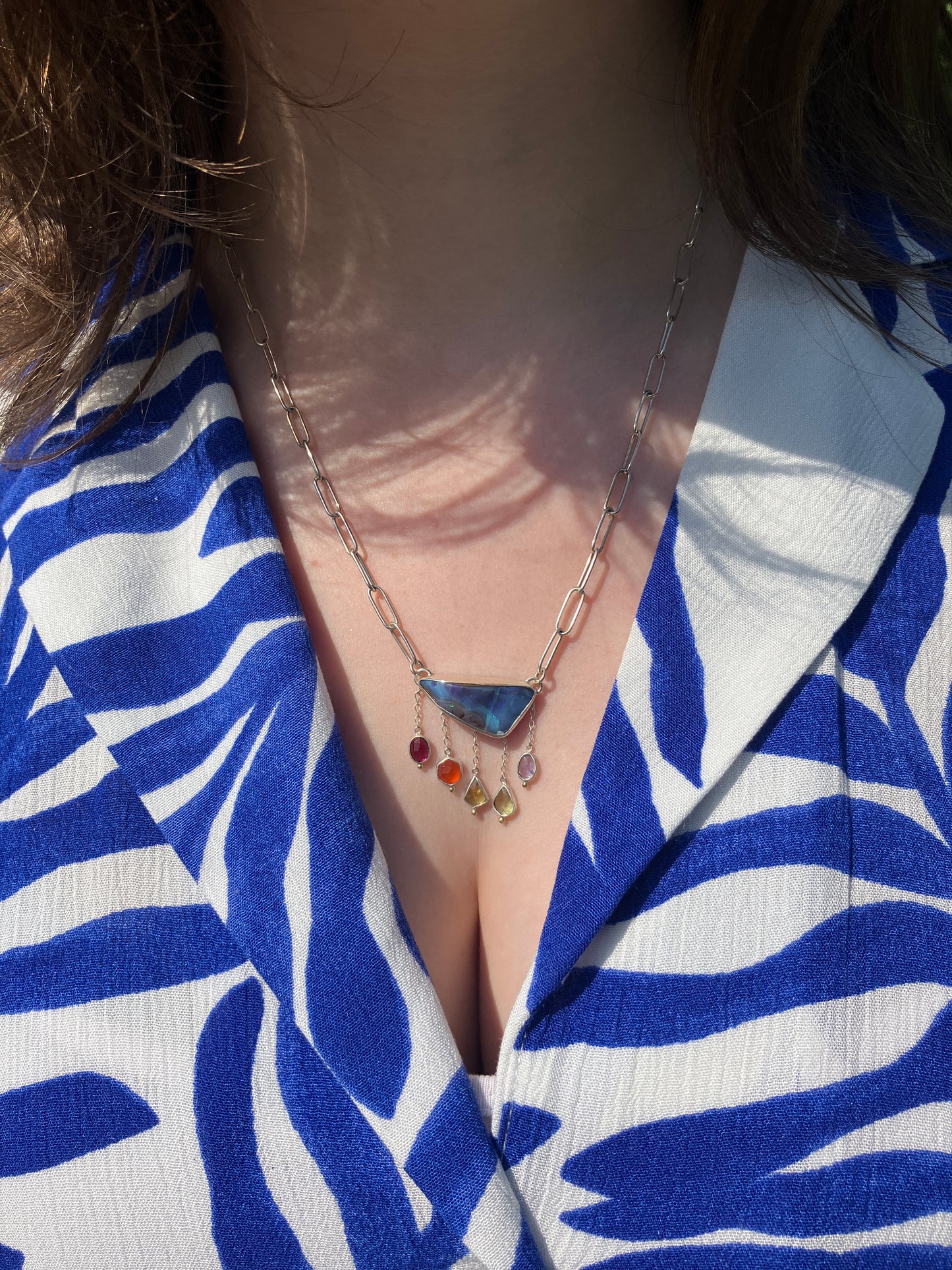 Australian Boulder Opal, Garnet, Carnelian, Sapphire, Peridot, Tanzanite, Sterling Silver and 18ct Gold Necklace with a Handmade Paperclip Chain