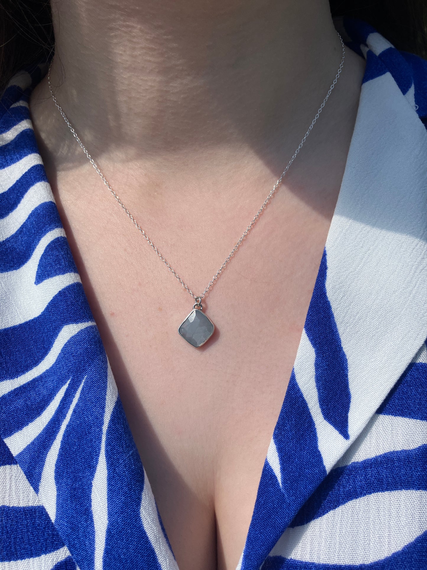Grey Moonstone and Sterling Silver Granulation Backed Pendant Necklace