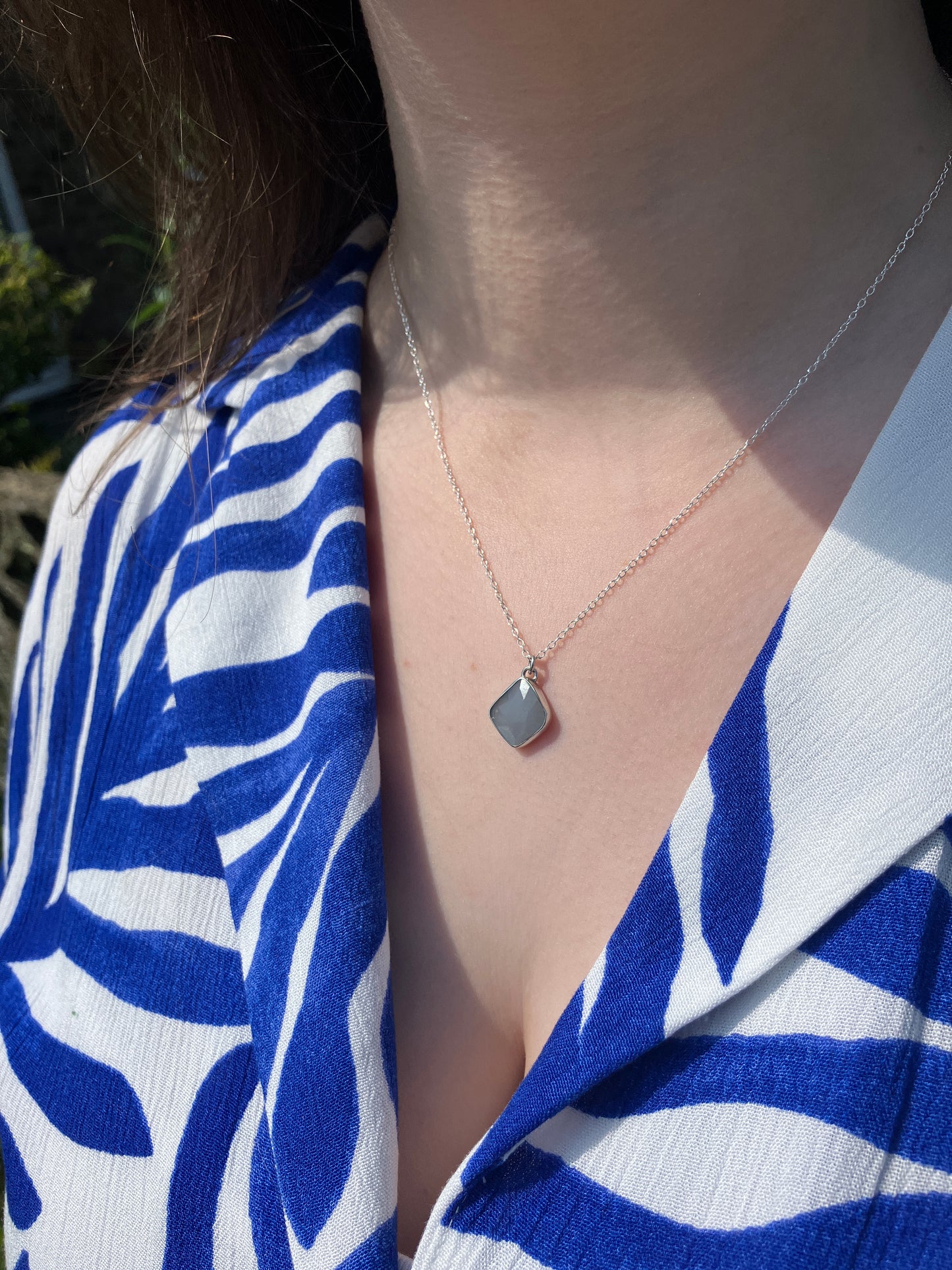 Grey Moonstone and Sterling Silver Granulation Backed Pendant Necklace