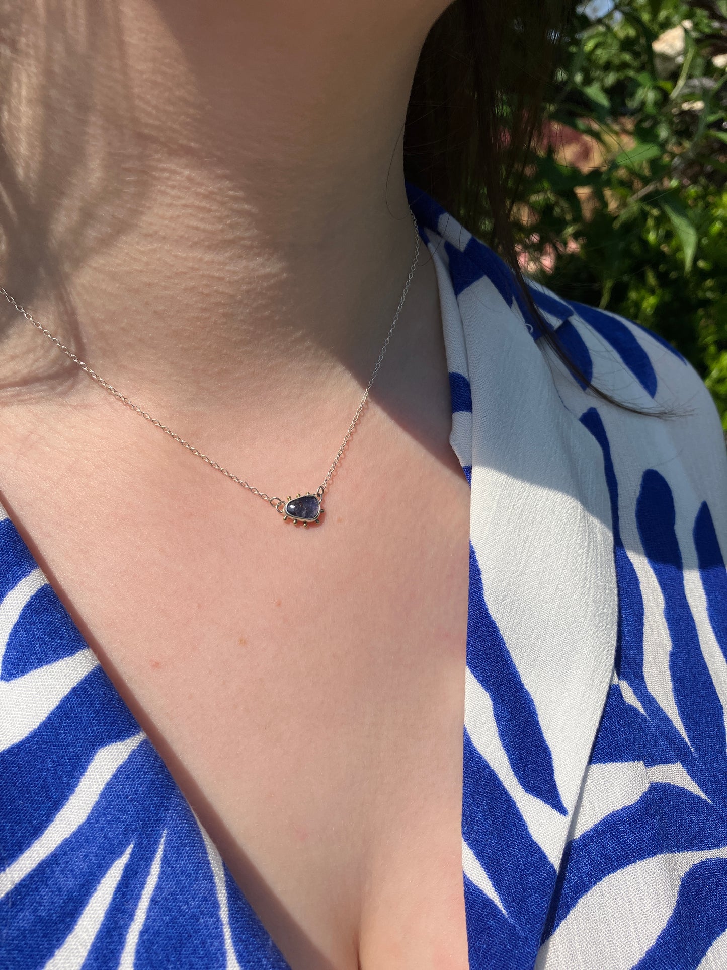 Iolite, 18ct Gold and Sterling Silver Pendant Necklace with Granulation Detail on Sterling Silver Chain