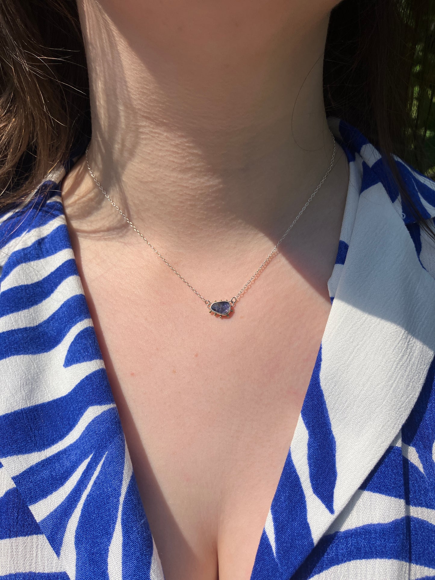 Iolite, 18ct Gold and Sterling Silver Pendant Necklace with Granulation Detail on Sterling Silver Chain